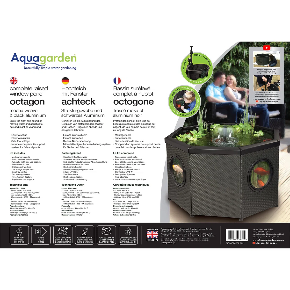 Aquagarden, Affinity Kit completo per laghetto alto con finestre, ottagonale, piscina con gioco d'acqua, tra cui Inpond 5 in 1 2000 pompa dell'acqua e stagno con chiarificatore UV, tre finestre