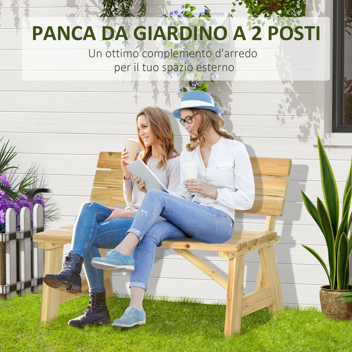 Outsunny Panchina da Esterno in Legno, Panchina 2 Posti da Giardino a Doghe con Schienale Alto, 116x56x80cm, Colore Naturale