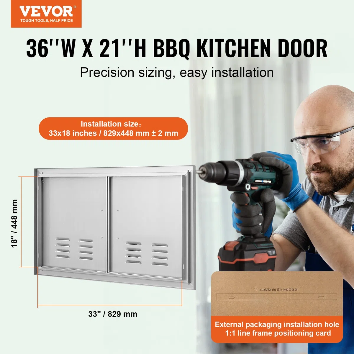 VEVOR Porta di accesso per barbecue da cucina all'aperto, doppia porta verticale in acciaio inox con maniglie e prese d'aria, 91 cm di larghezza x 53 cm di altezza, per barbecue Island, stazione di