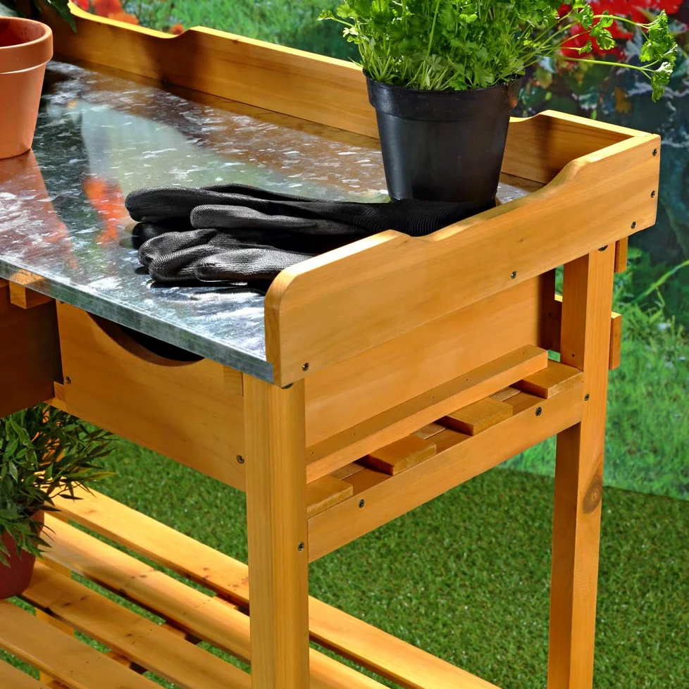 Melko Tavolo da lavoro per giardino Tavolo da giardino Tavolo per piante con TRE cassetti in stile country in legno di abete per esterni, 80 x 40 x 82 cm, marrone miele