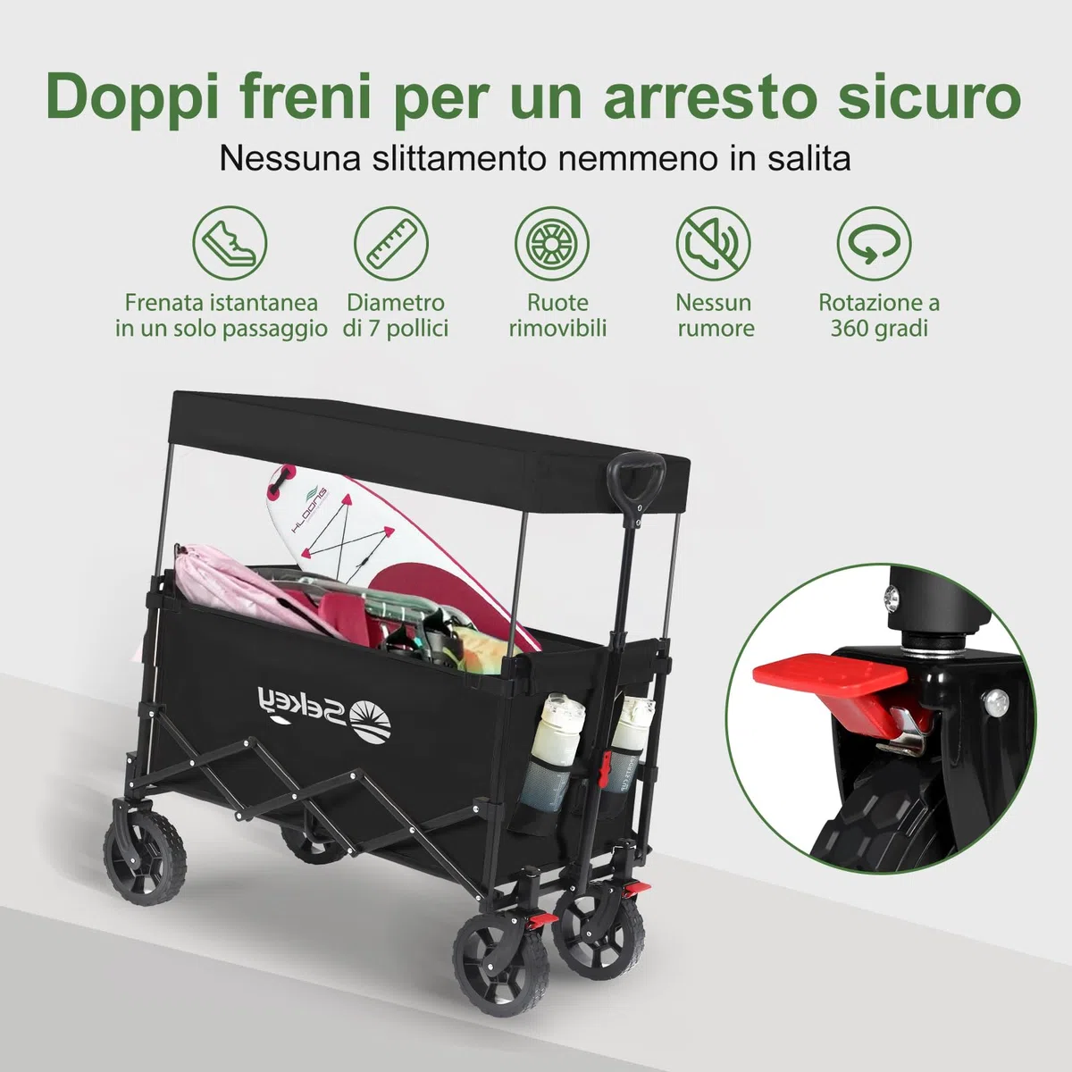 Sekey XXL Carrello Spiaggia con Tetto 150L 150KG, Carrello Pieghevole per Bambini, Carrelli Pieghevole con Ruote con Protezione Solare per Spiaggia Campeggio SE 4018, Nero