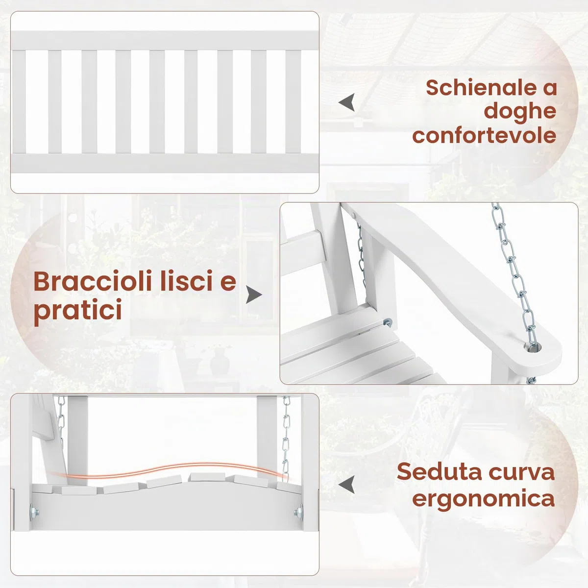 GIANTEX Altalena sospesa in legno per 2/3 persone con catene in metallo zincato regolabili e resistenti, con schienale a doghe e seduta per patio giardino (136 x 67 x 63 cm, bianco)