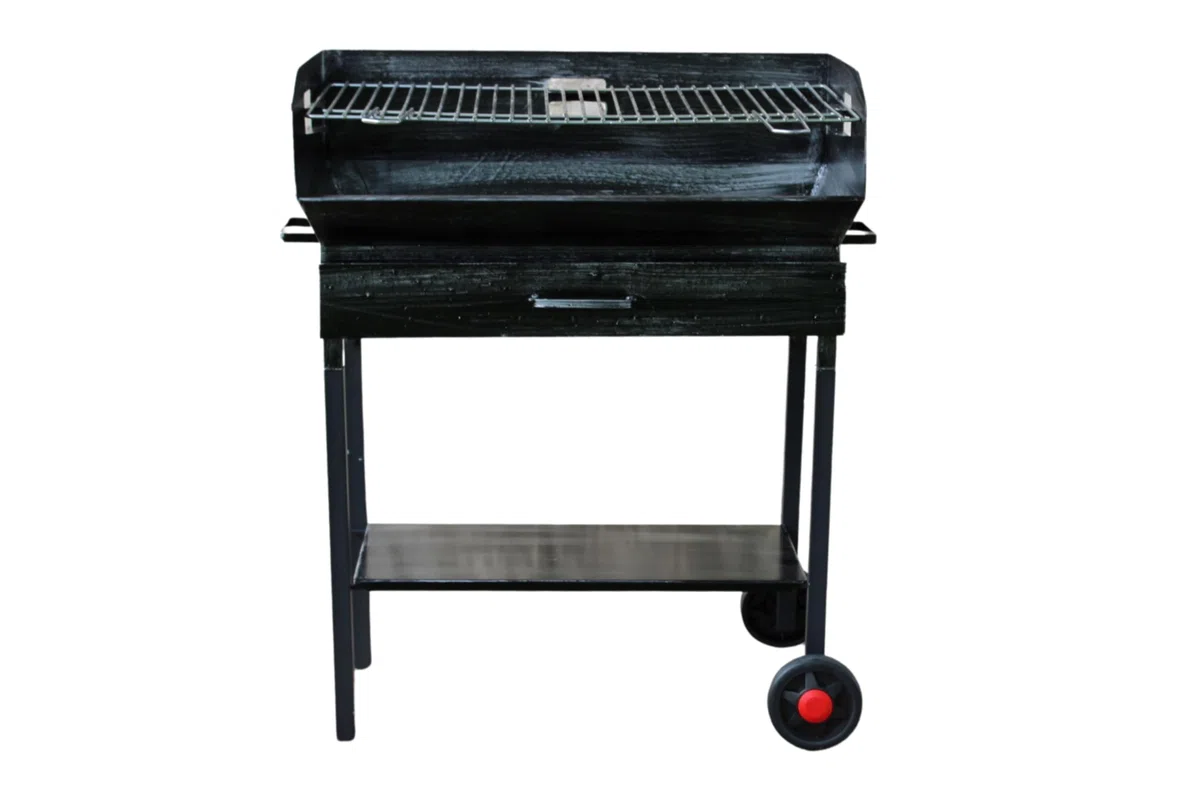Barbecue a Legna e Carbonella in Ferro, con Ruote, Regolabile su 2 Altezze, Griglia in Acciaio, Ripiano poggia utensili (60x38 cm)