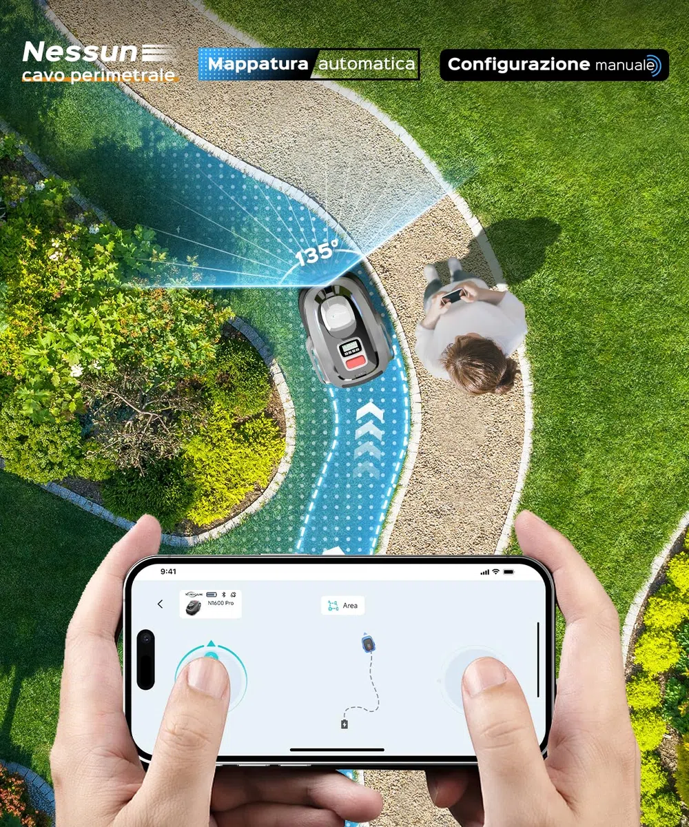 YARDCARE N1600PRO – Robot tagliaerba senza filo perimetrale con posizionamento RTK e visione, fino a 1600 m², navigazione precisa con mappatura intelligente, taglio strutturato e gestione aree