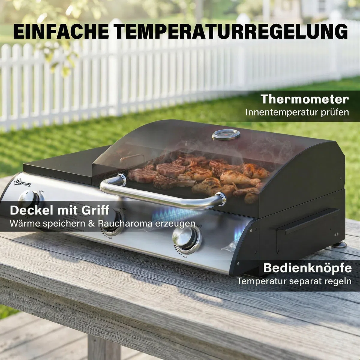 Outsunny Barbecue a gas 7,5 KW portatile da tavolo con 3 bruciatori, tavolo laterale, griglia smaltata, vassoio raccogli grasso, termometro, griglia a gas da tavolo, barbecue da picnic, per giardino