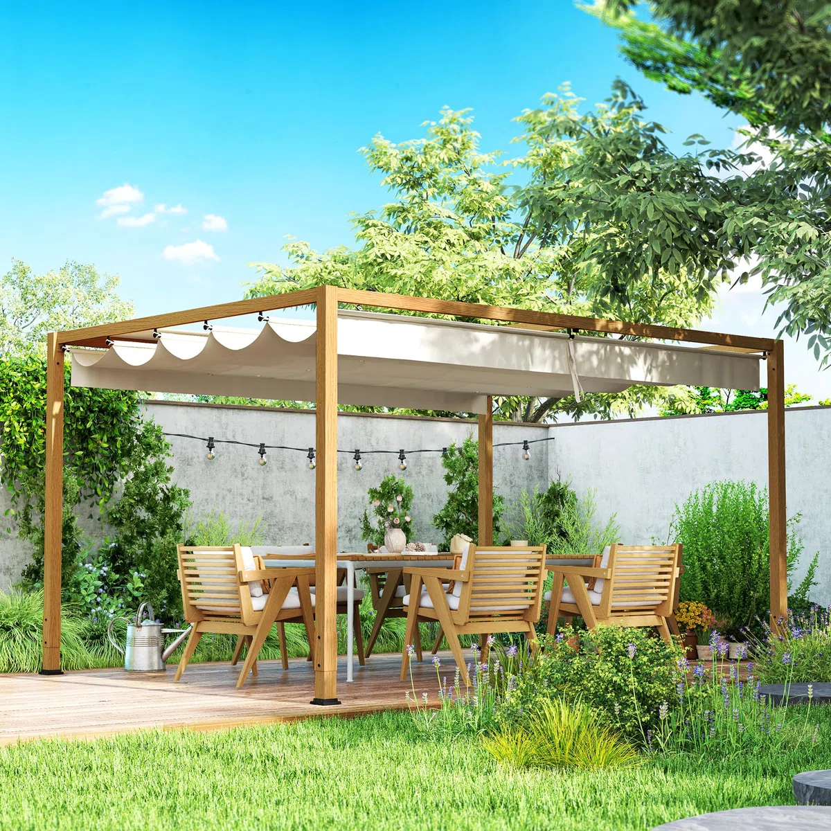 Outsunny Pergola in alluminio per giardino esterno 4 x 3 m con tetto retrattile, sistema di drenaggio, pergola da giardino per riparo dal sole per terrazza patio veranda, legno naturale