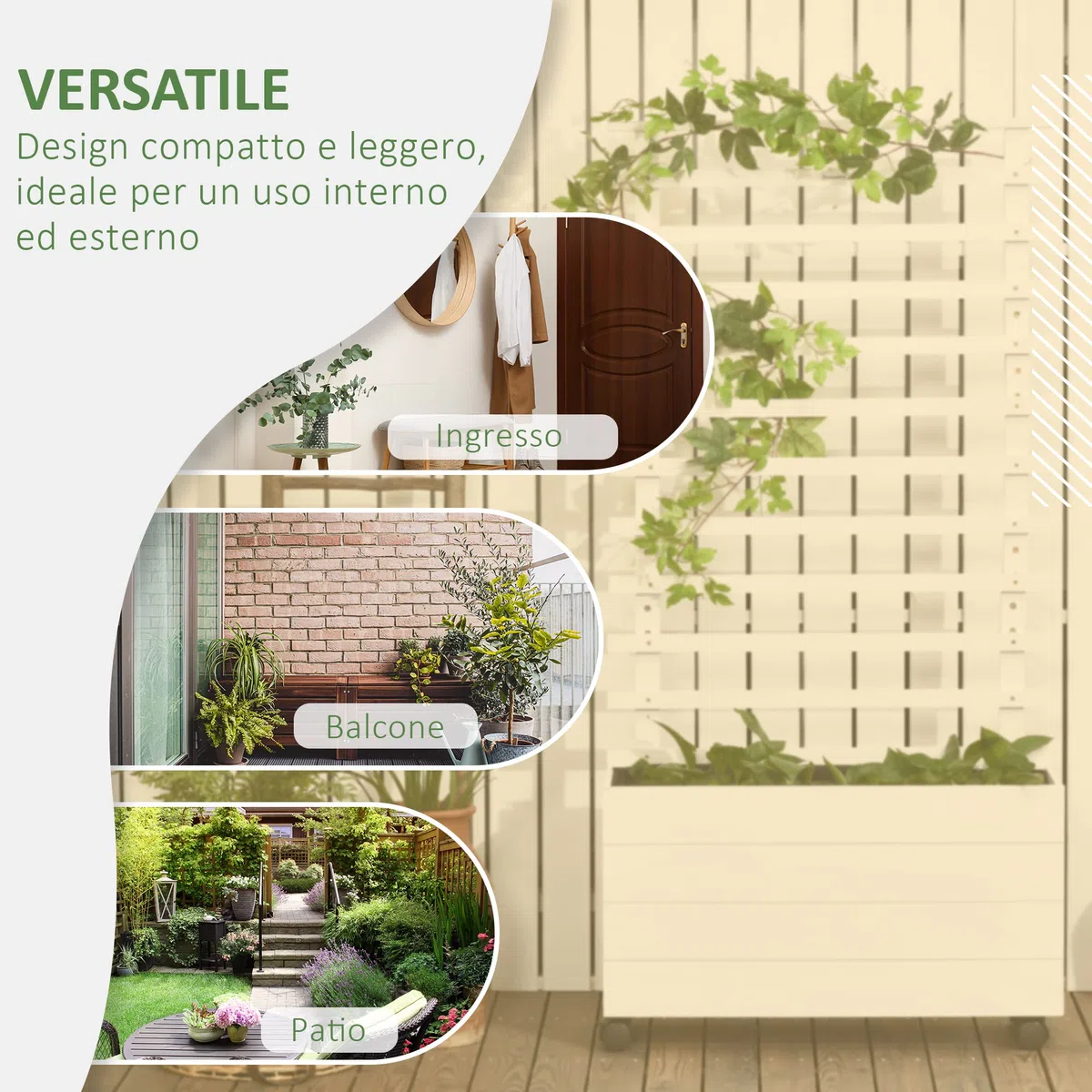 Outsunny Fioriera Rialzata Verticale con 4 Ruote e Traliccio per Piante Rampicanti in Legno di Abete, 76x30x155cm, Bianco
