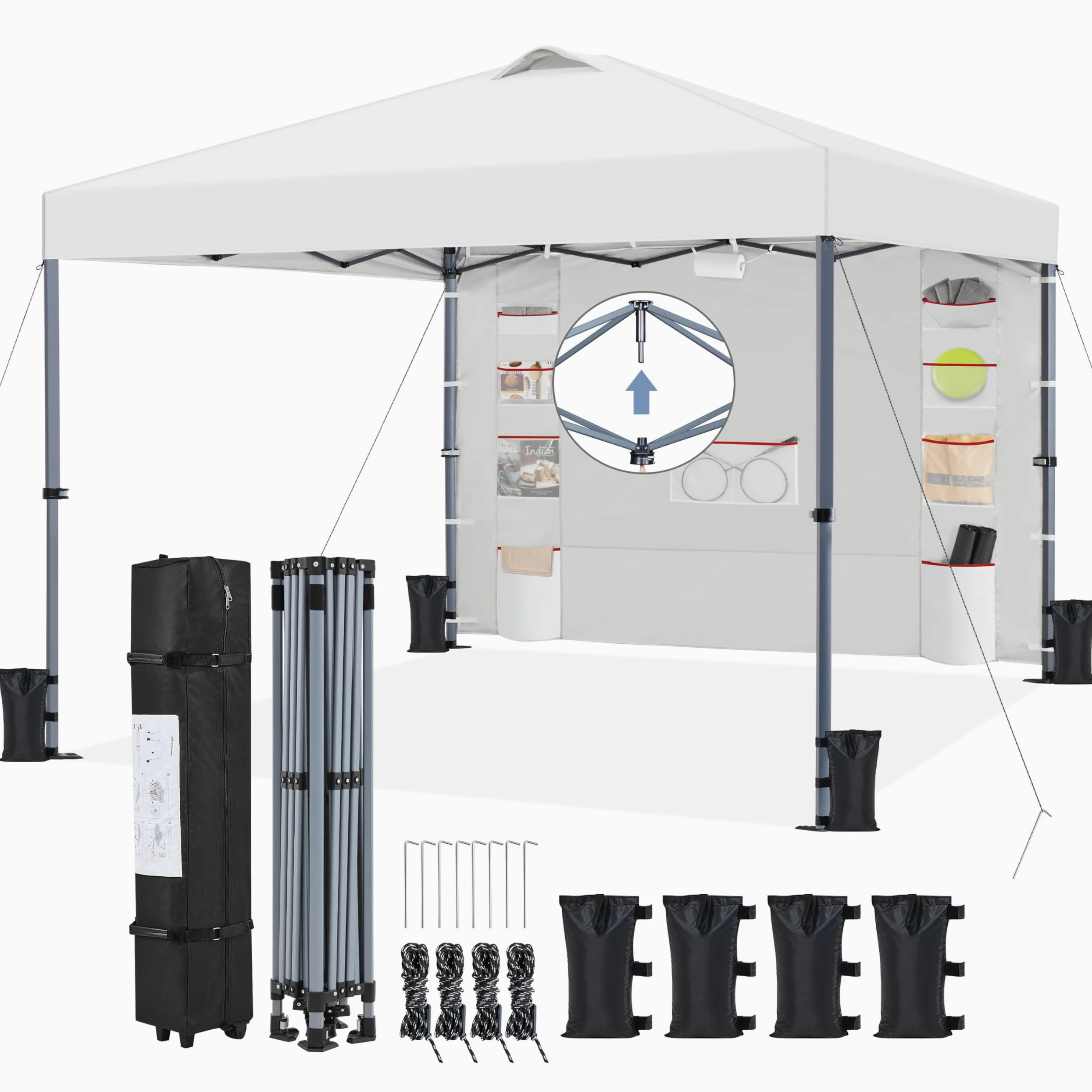 Yaheetech Gazebo da giardino a Una Spinta con 1 Parete Laterale Stabile 9 Tasche Portaoggetti Tenda Esterno Pop up Altezza Regolabile Impermeabile per Festa Eventi