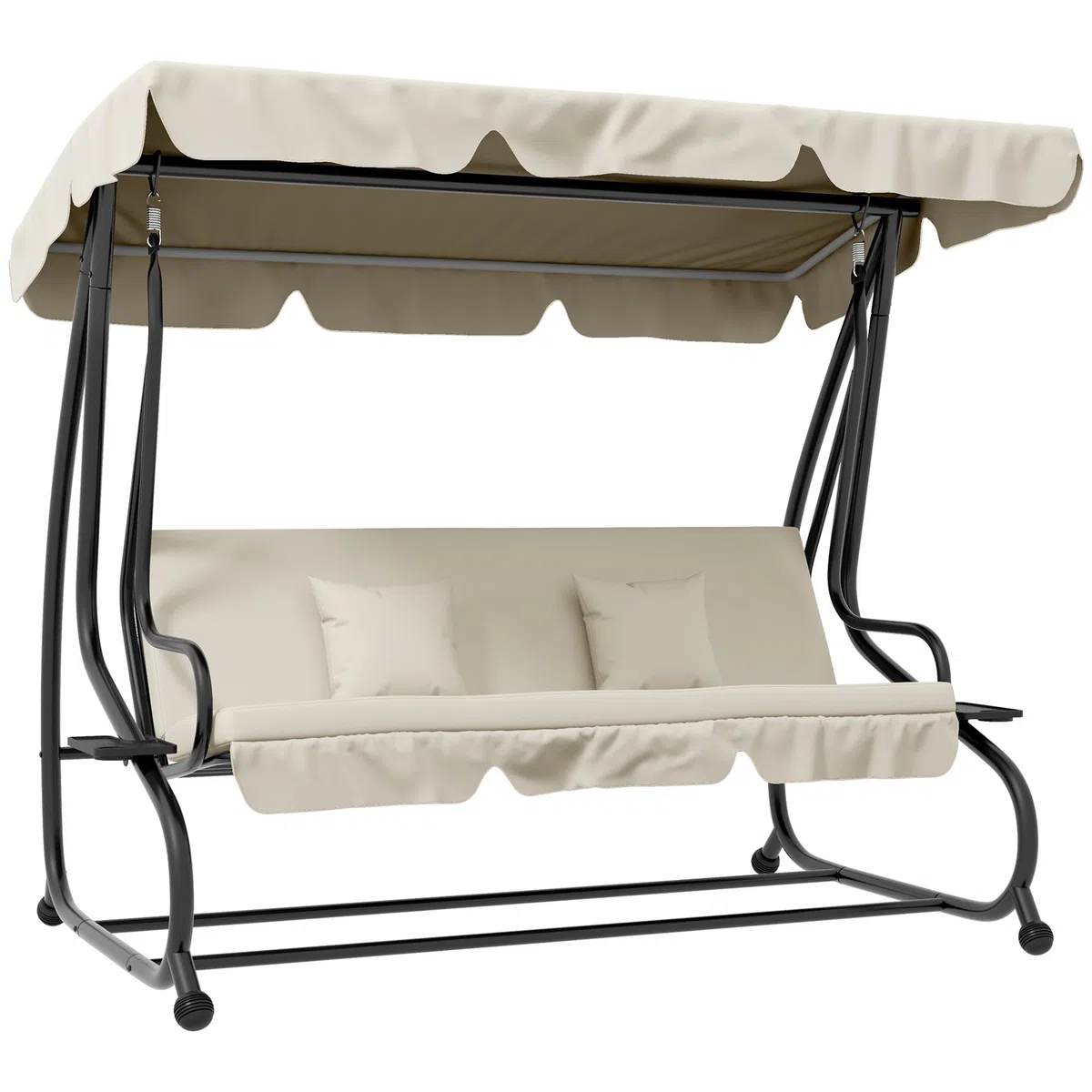 Outsunny Dondolo Letto da Giardino con Tettuccio Regolabile e Vassoi Portabicchieri, Dondolo da Giardino in Acciaio e Poliestere, 200x120x164 cm, Crema