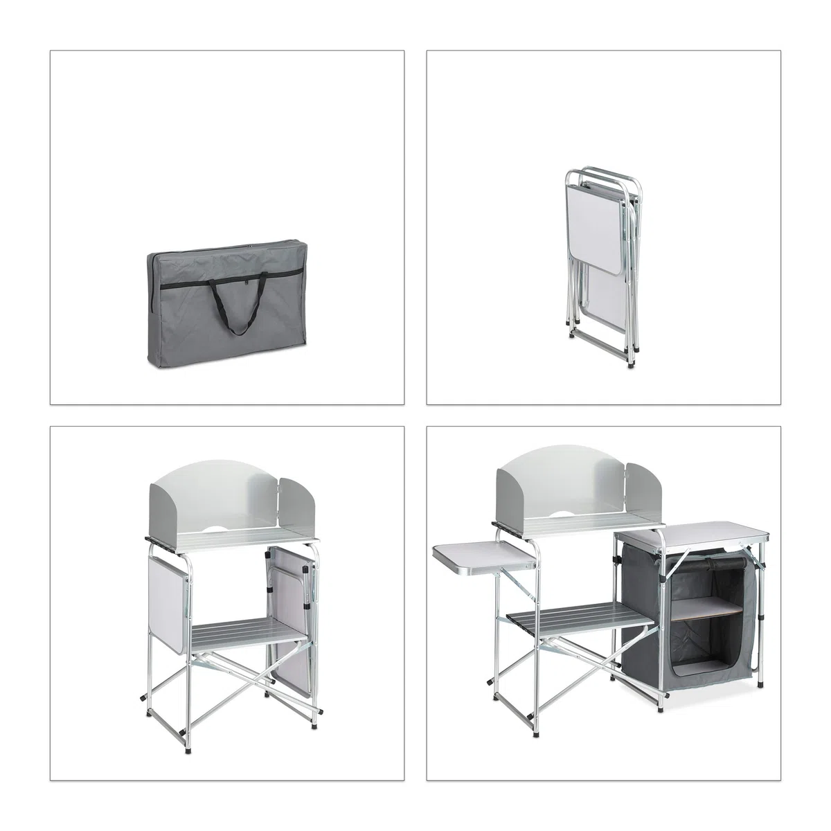 Relaxdays Cucina da Campeggio con Protezione Antivento, Custodia, Pieghevole, Alu e MDF, 111x147x46 cm, Bianco-Grigio