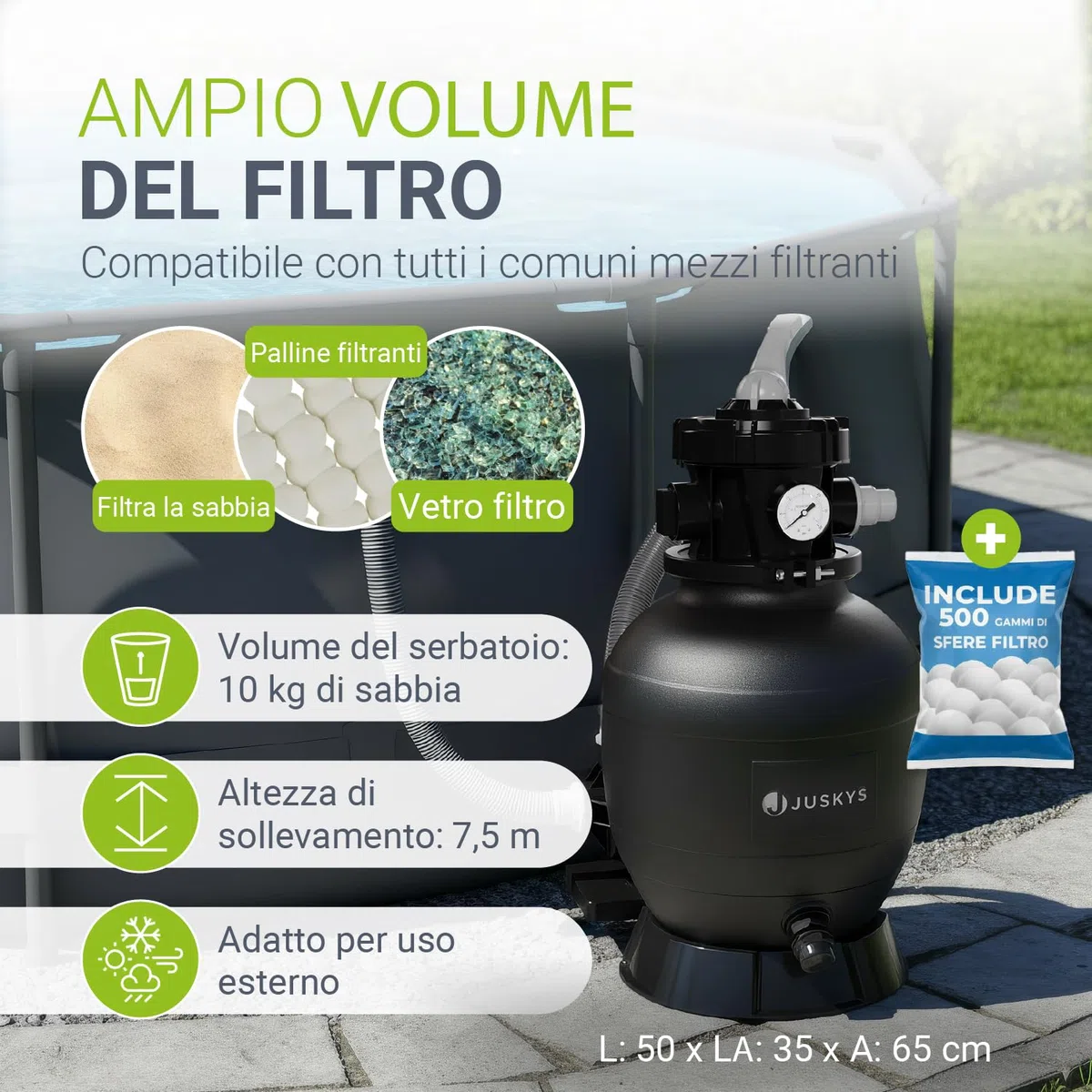 Juskys® Filtro a Sabbia 250 W - impianto Piscina ad Alte Prestazioni per 38.000 Litri, Sistema 7 Posizioni Struttura Durevole