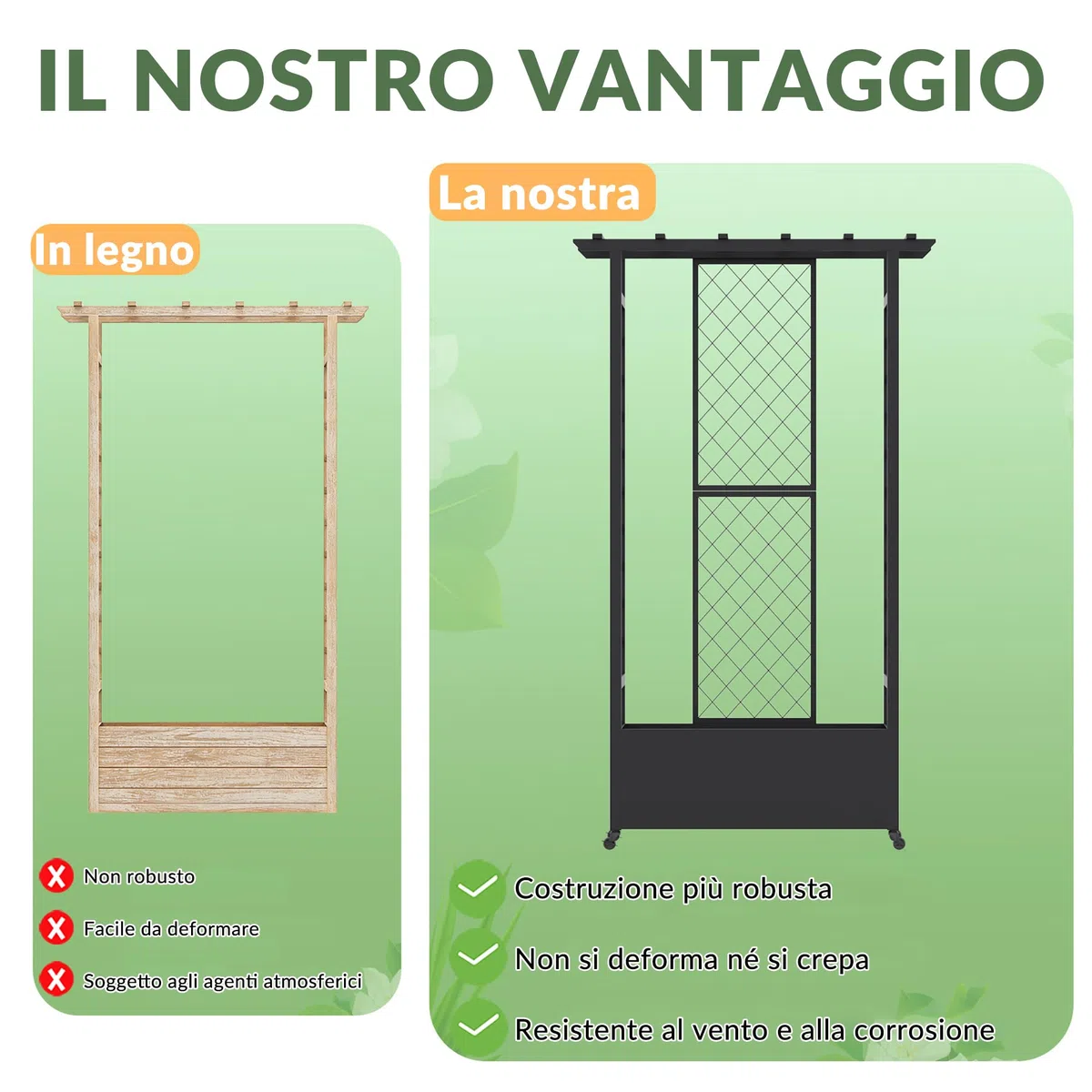 Aiuola rialzata con traliccio e tetto sospeso, fioriera in metallo indipendente con ruote, fioriera rialzata mobile per interni ed esterni per viti, piante rampicanti, fiori, per giardino, patio