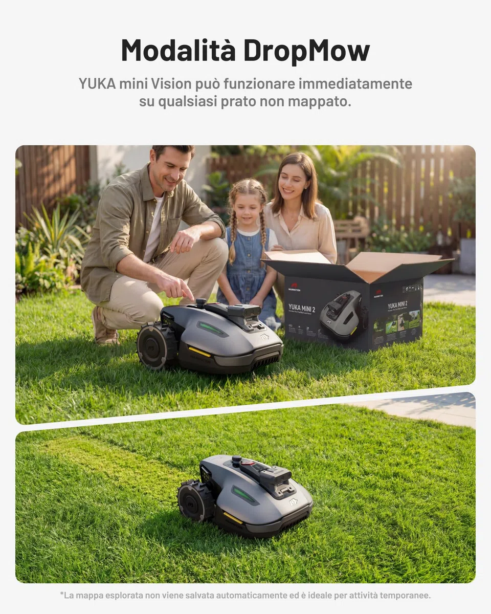 MAMMOTION YUKA mini 2 500 Robot Tagliaerba senza Cavo, Nessuna Perdita di Segnale, Senza RTK, Visione AI Tri-Cam, DropMow, Mappatura Auto Multi-zona