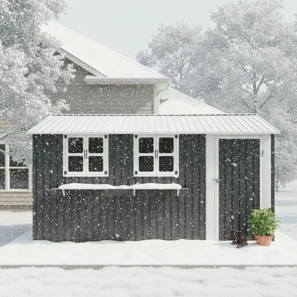 Casetta da giardino in acciaio zincato, 10,21 m², 3 finestre apribili, doppie porte chiudibili e scaffale per fiori, impermeabile, resistente alle intemperie, grigio antracite
