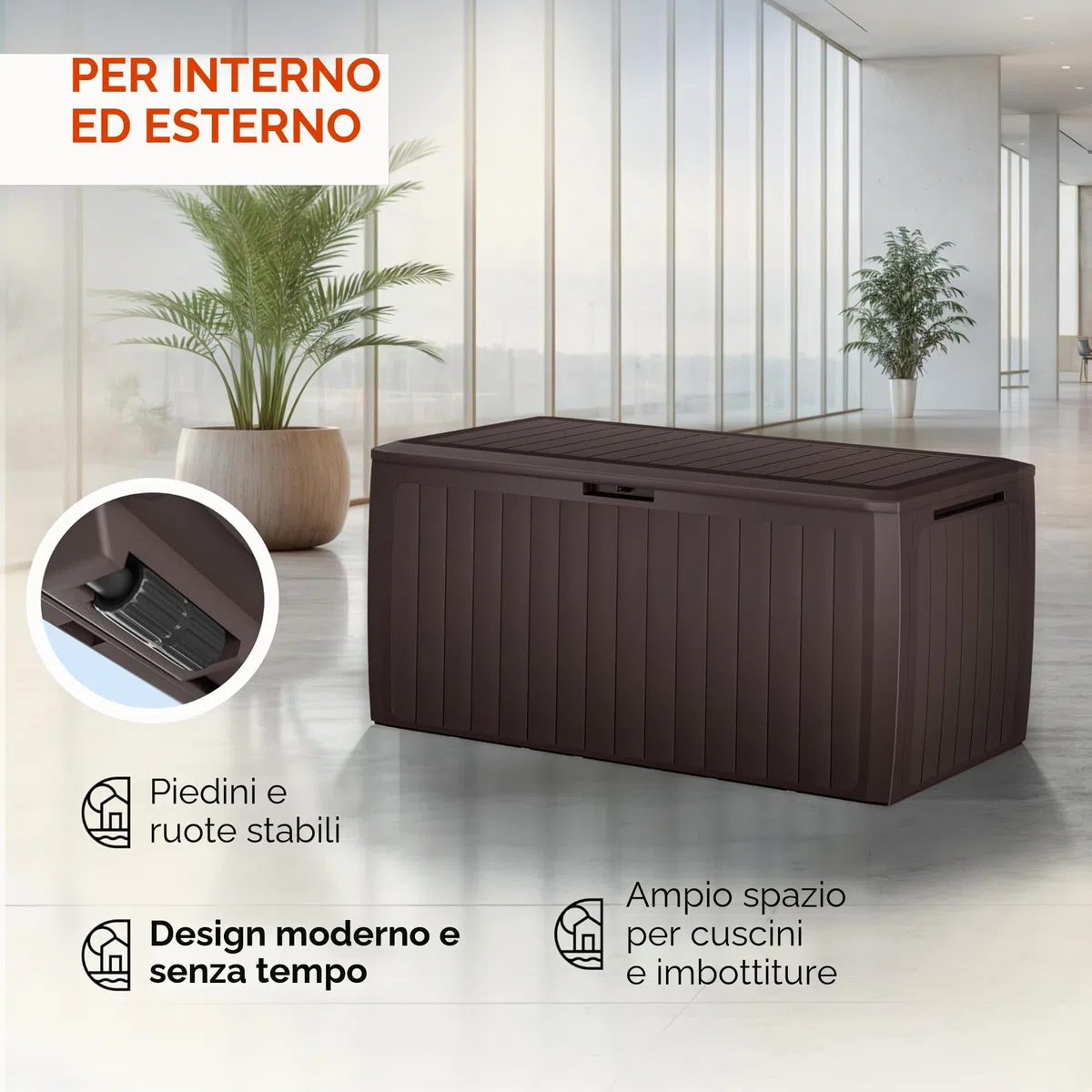 Casaria Baule da Giardino 117x47x60cm Aspetto Legno 290L Box Multiuso Multibox Cuscini 6 Ruote Coperchio Esterno