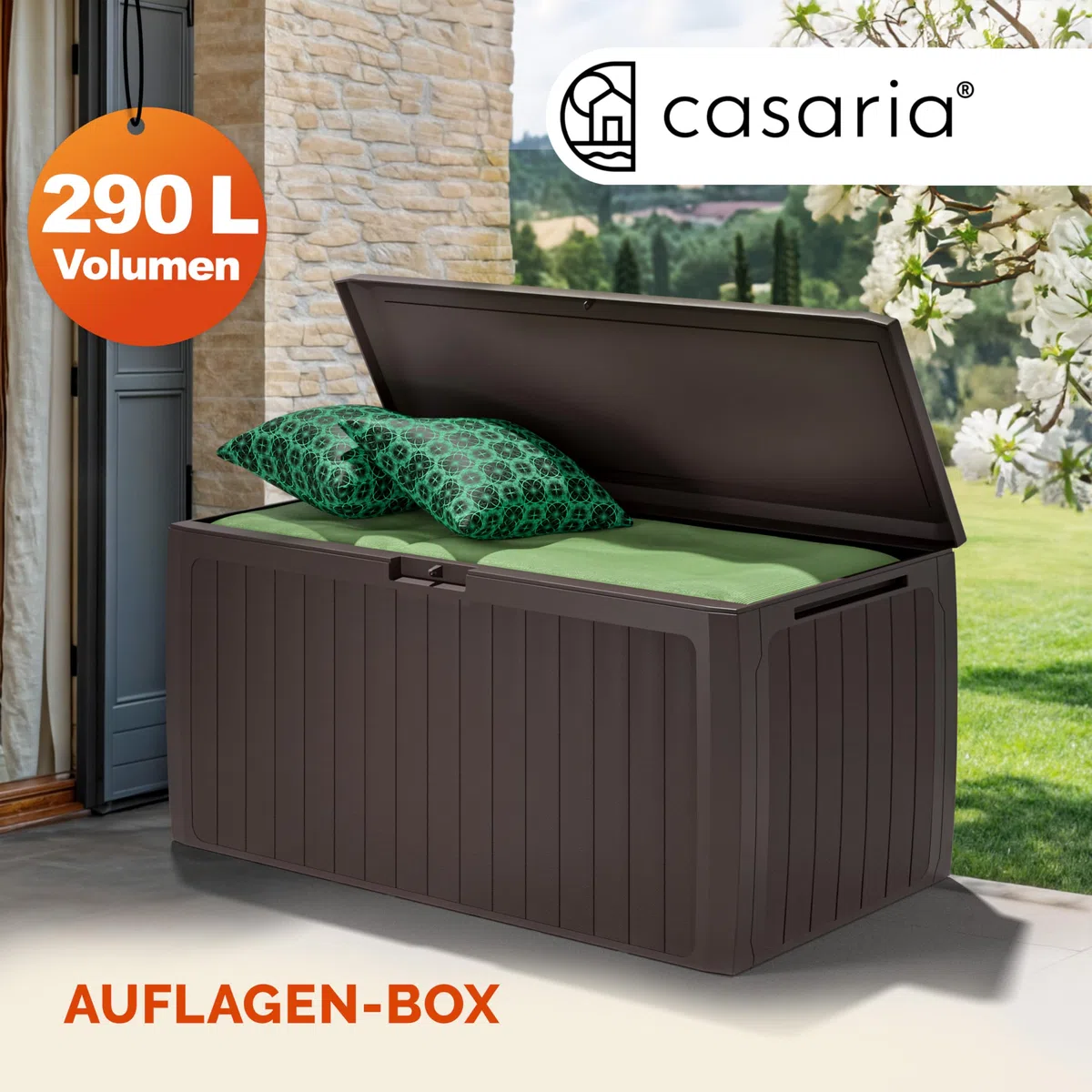 Casaria Baule da Giardino 117x47x60cm Aspetto Legno 290L Box Multiuso Multibox Cuscini 6 Ruote Coperchio Esterno