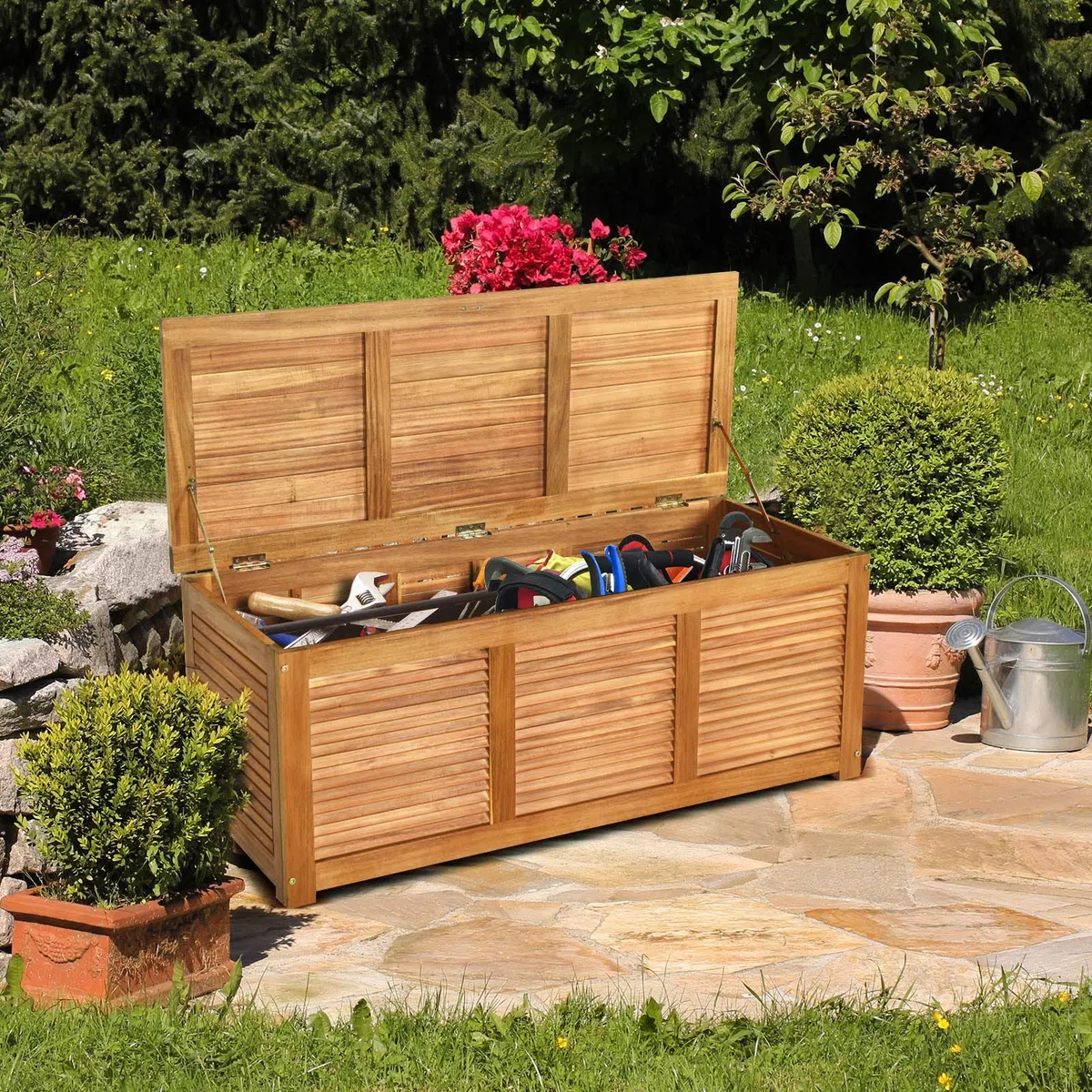 GIANTEX Armadio da Esterno in Legno, Cassapanca Contenitore Interno, Panca Baule Carico di 150 kg, Ideale per Giardino, Patio, Piscina, 120x45x45 cm, Naturale