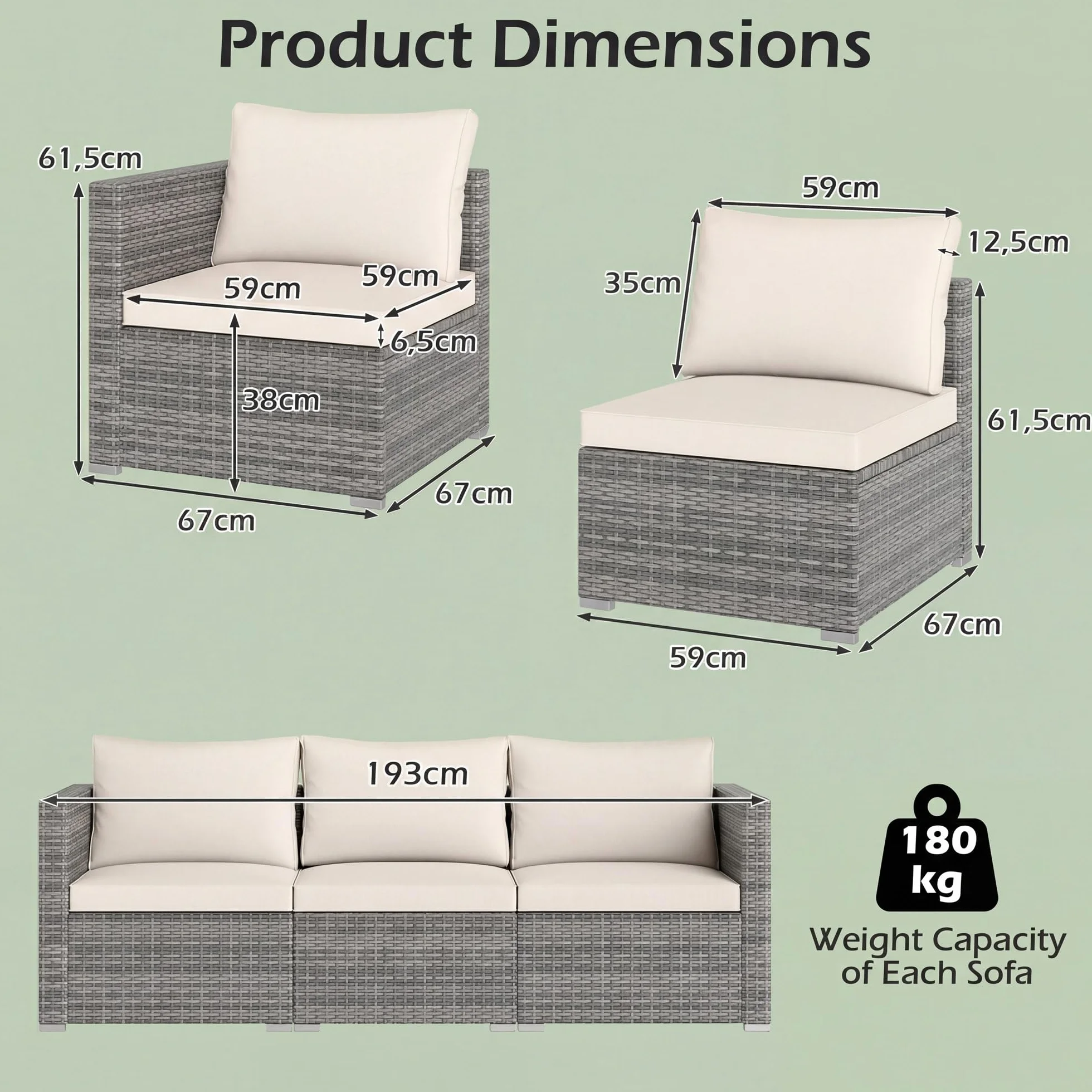 LIFEZEAL Divano da Giardino 3 Posti in Rattan PE, Divano da Esterno con Cuscini Inclusi, Salotto da Giardino Componibile Modulare per Terrazzo, Balcone e Cortile, 193 x 67 x 61,5 cm (Beige)