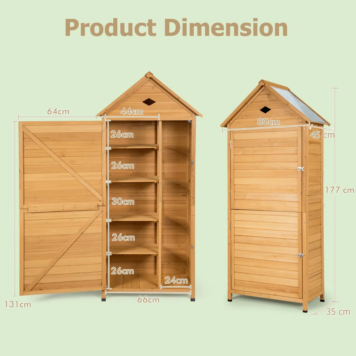 HOMASIS Casetta da Giardino in Legno, Casetta Porta Attrezzi Impermeabile con 5 Ripiani, Capanno da Giardino con Tetto Zincato e Serratura, Armadio da Esterno, Balcone (80 x 45 x 177 cm)