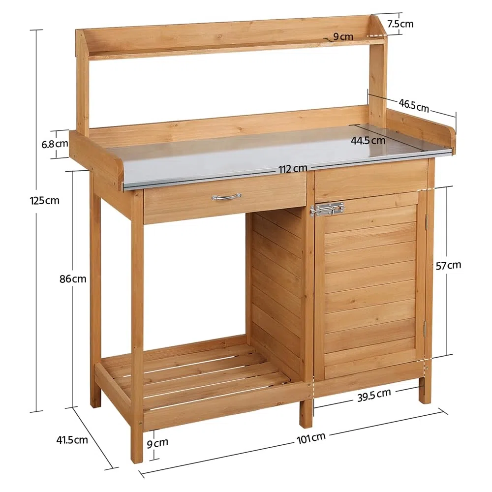 Yaheetech Tavolo Lavoro da Giardino per Piante in Legno Naturale con Ripiano in Metallo Spazioso Cassetto e Armadietto Banco per Giardinaggio 112 x 46,5 x 125 cm