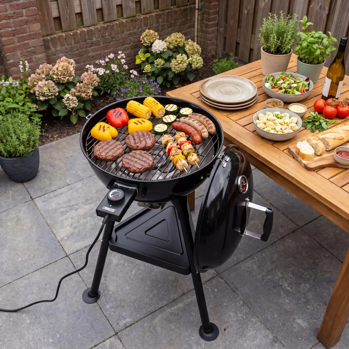 Princess Barbecue Kettle Ibrido, Elettrico e a Carbone, 2000 W, Termostato Regolabile, Termometro Integrato e Griglia Smaltata, 01.112270.01.001