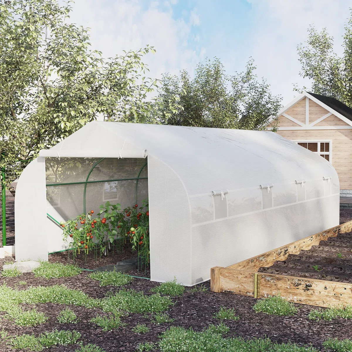 Outsunny Serra a Tunnel 6x3x2m con 8 Finestre e Porta Avvolgibile, Serra per Orto con 4 Picchetti e 4 Funi Incluse, in Acciaio e PP, Bianco