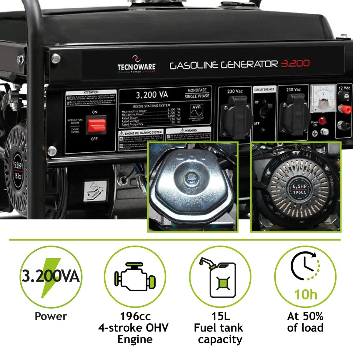 Tecnoware Power Systems - Generatore di Corrente a Benzina, Monofase 230 Vac 50 Hz, Potenza 3200 VA, 2 Prese SCHUKO 16A, Serbatoio 15 L, Motore 4 Tempi, AVR Stabilizzato, Nero