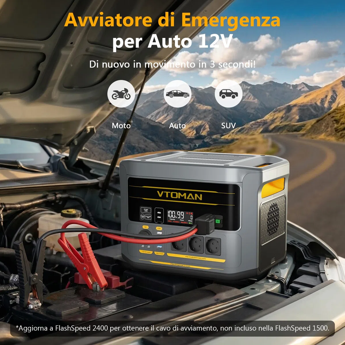 VTOMAN FlashSpeed 2400 - Stazione di alimentazione portatile con cavo di avviamento, 2400 W CA (picco di 3200 W), batteria LiFePO₄ da 1408 Wh, espandibile fino a 2688 Wh, ricarica rapida in 1 ora