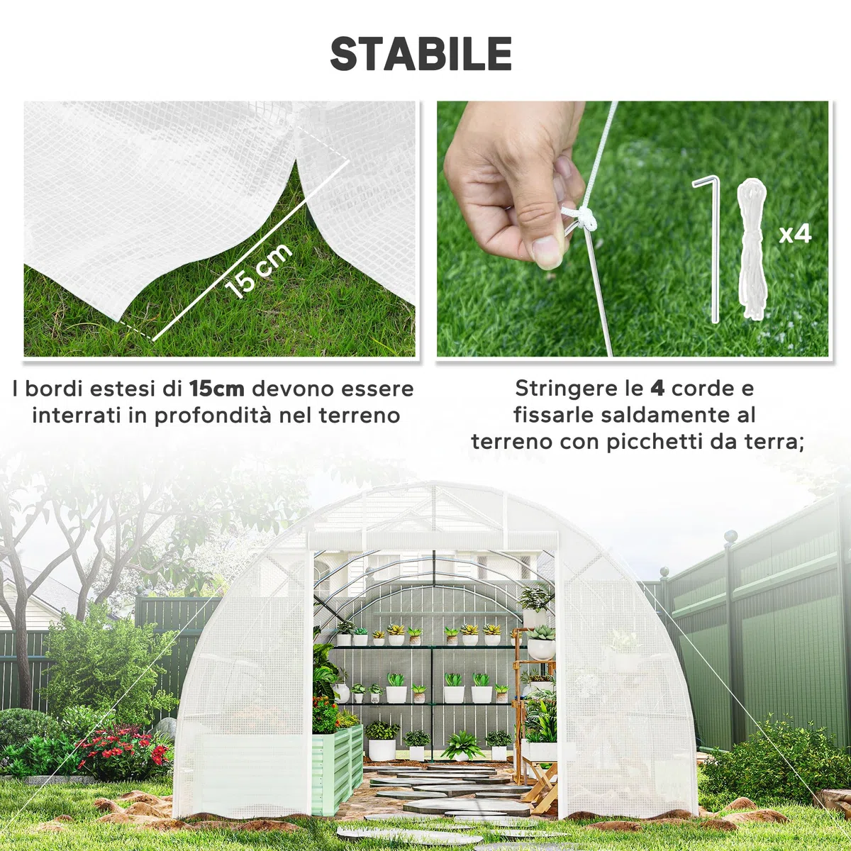 Outsunny Serra da Giardino a Tunnel 8x3x2 m con Porte Avvolgibili e 12 Finestre, Serra per Orto con 4 Rinforzi Diagonali, Struttura in Acciaio e Copertura PE, per Orto Verdure Fiori Frutta, Bianco