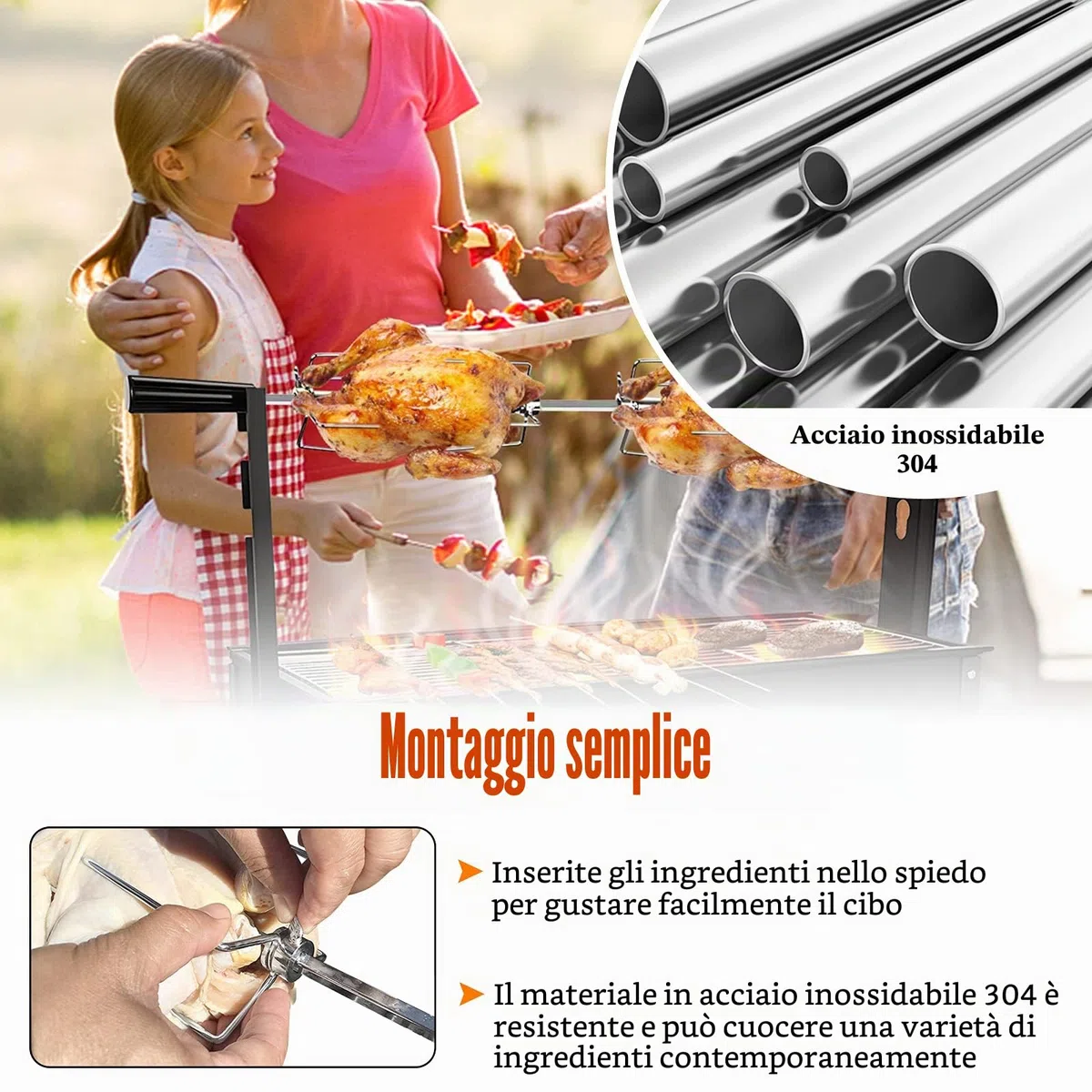 ACXIN Set spiedi elettrici in acciaio inox, 107 cm, motore, spilli da carne, spiedo girevole, griglia 2 forchette, per campeggio, feste, giardino, picnic (220-240V)