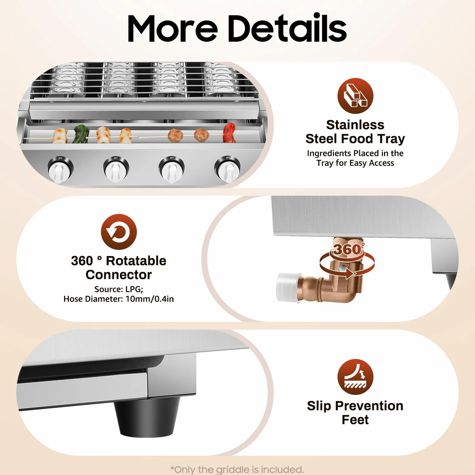 Barbecue a gas 4 bruciatori in acciaio inox 58 x 40 cm, piastra a gas portatile 4 fuochi indipendenti per giardino terrazza campeggio, grill esterno con coperchio 9 5 kg