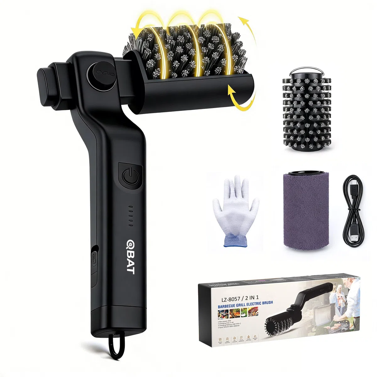 Spazzola Elettrica per Barbecue a Batteria – Testa Orientabile 180°, 3 Velocità, 90 Minuti Autonomia, Impermeabile, Teste Acciaio Inox e Nylon