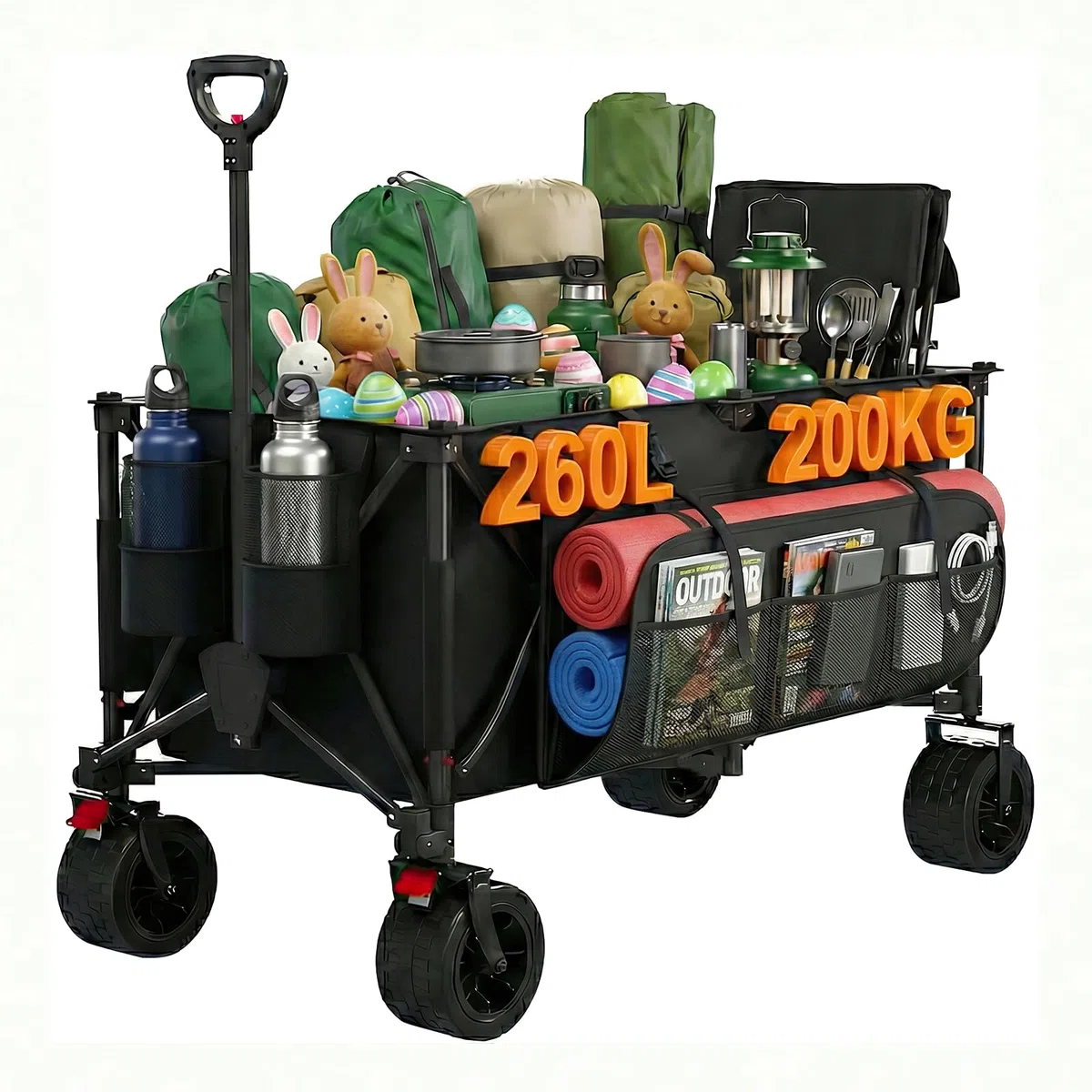 Devoko 260L carrello spiaggia 200kg carrello con ruote portatutto grandi,carrellos pieghevole Con Braccioli Regolabili e Tasche Laterali per Giardino Campeggio all'aperto Ogni Tipo di Terreno, Nero