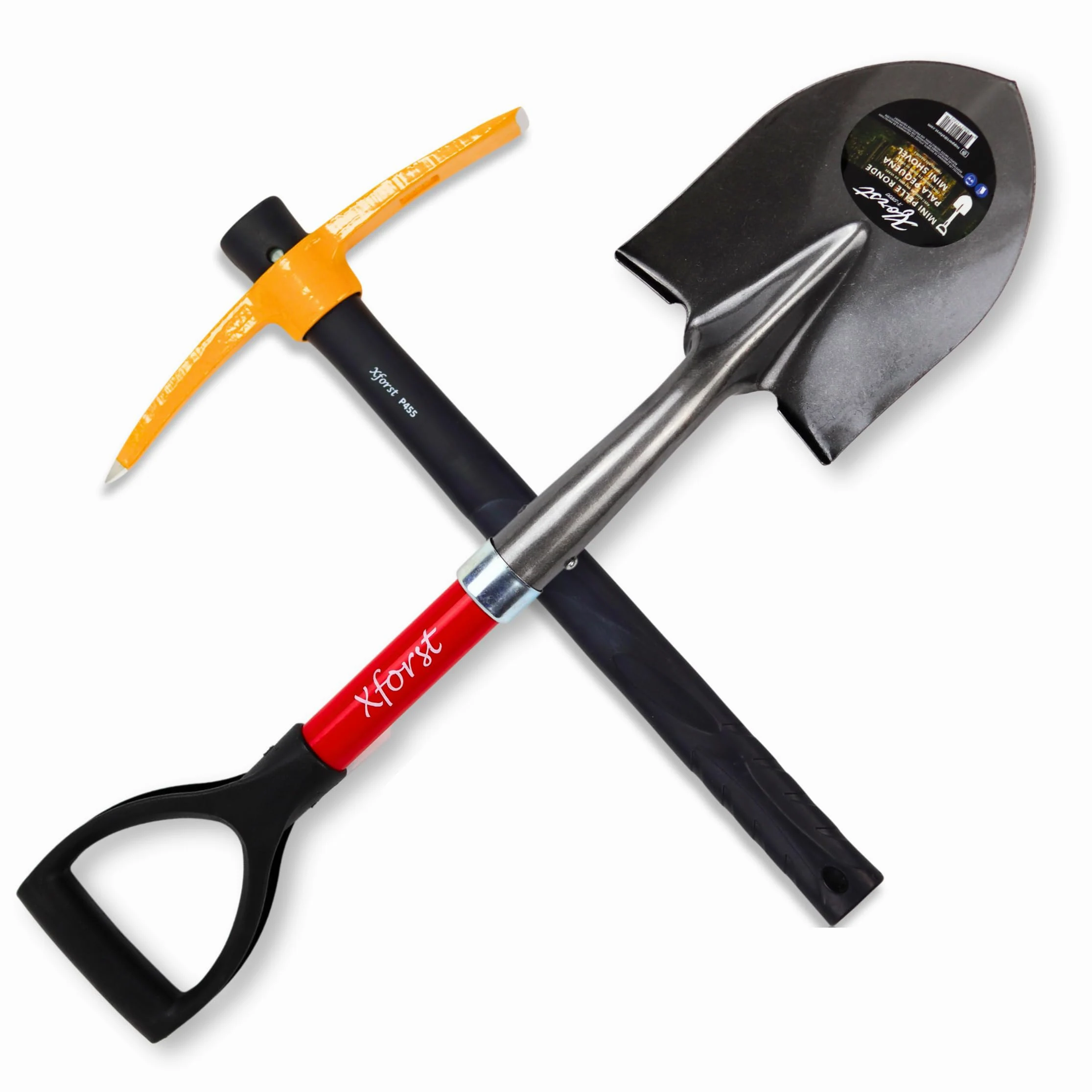Xforst Set da giardinaggio con piccone e mini-pala, con manico in fibra di vetro e teste in acciaio forgiato, robusti e leggeri, ideali per giardinaggio, campeggio e prospezione. X-S800 & X-PF45.