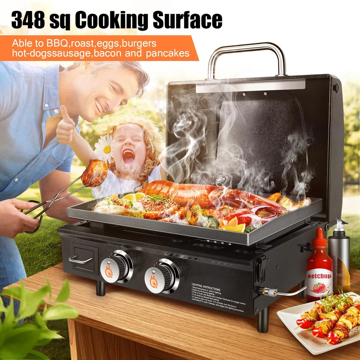 GFTIME Barbecue a gas da tavolo con 2 bruciatori, piastra Plancha a gas con parte superiore piatta, grill a propano con borsa per il trasporto, 55,9 cm, 48.000 BTU, piastre in ceramica antiaderente