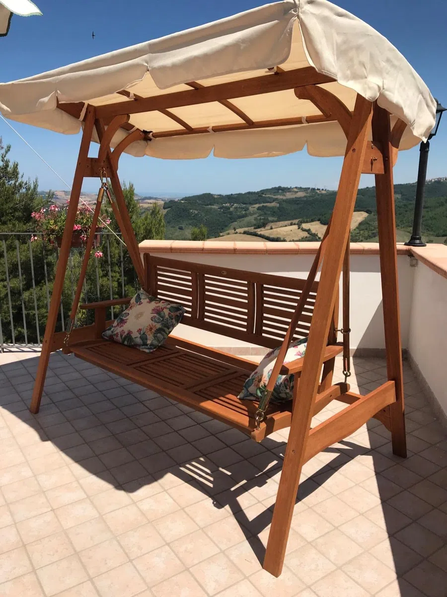 Dondolo 3posti legno di acacia tettuccio bianco arredo esterno giardino AC805055