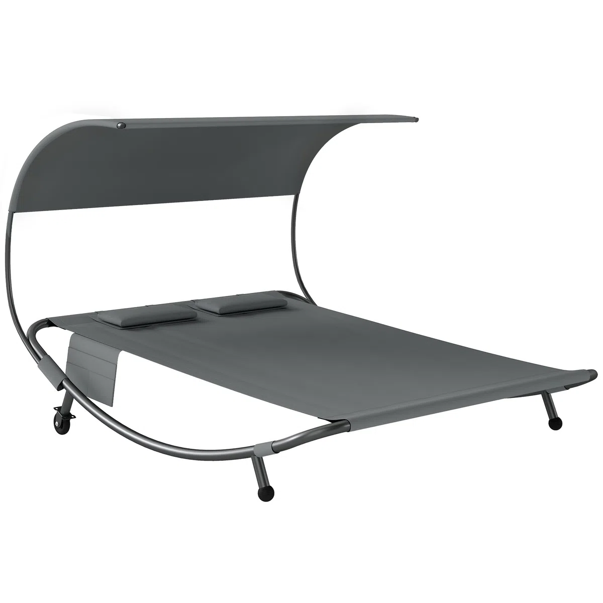 Outsunny Lettino Prendisole Doppio da Giardino con Tettuccio Rimovibile, Lettino da Giardino 2 Posti in Texteline con Ruote, 2 Cuscini, Tasche, Telaio Acciaio, per Terrazzo Piscina, Max 240kg, Grigio