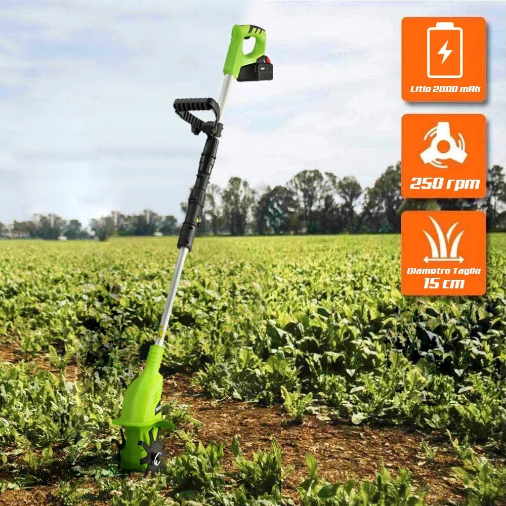 BAKAJI Motozappa per Orto Elettrozappa Batteria Litio 20V 2000 mah Zappatrice Zappa a Motore Elettrica 2 Lame da 15cm Larghezza Lavoro 10cm velocità 250RPM Manico Ergonomico Coltivazione Giardino