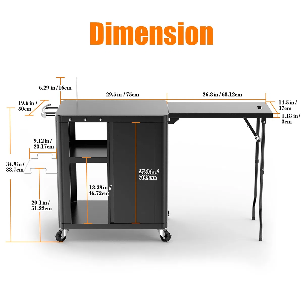 GFTIME Carrello per barbecue, tavolo con tavolino pieghevole, cucina all'aperto con gancio, scaffale e armadio, carrello da portata con ruote, cucina esterna, 143 x 37 x 89 cm