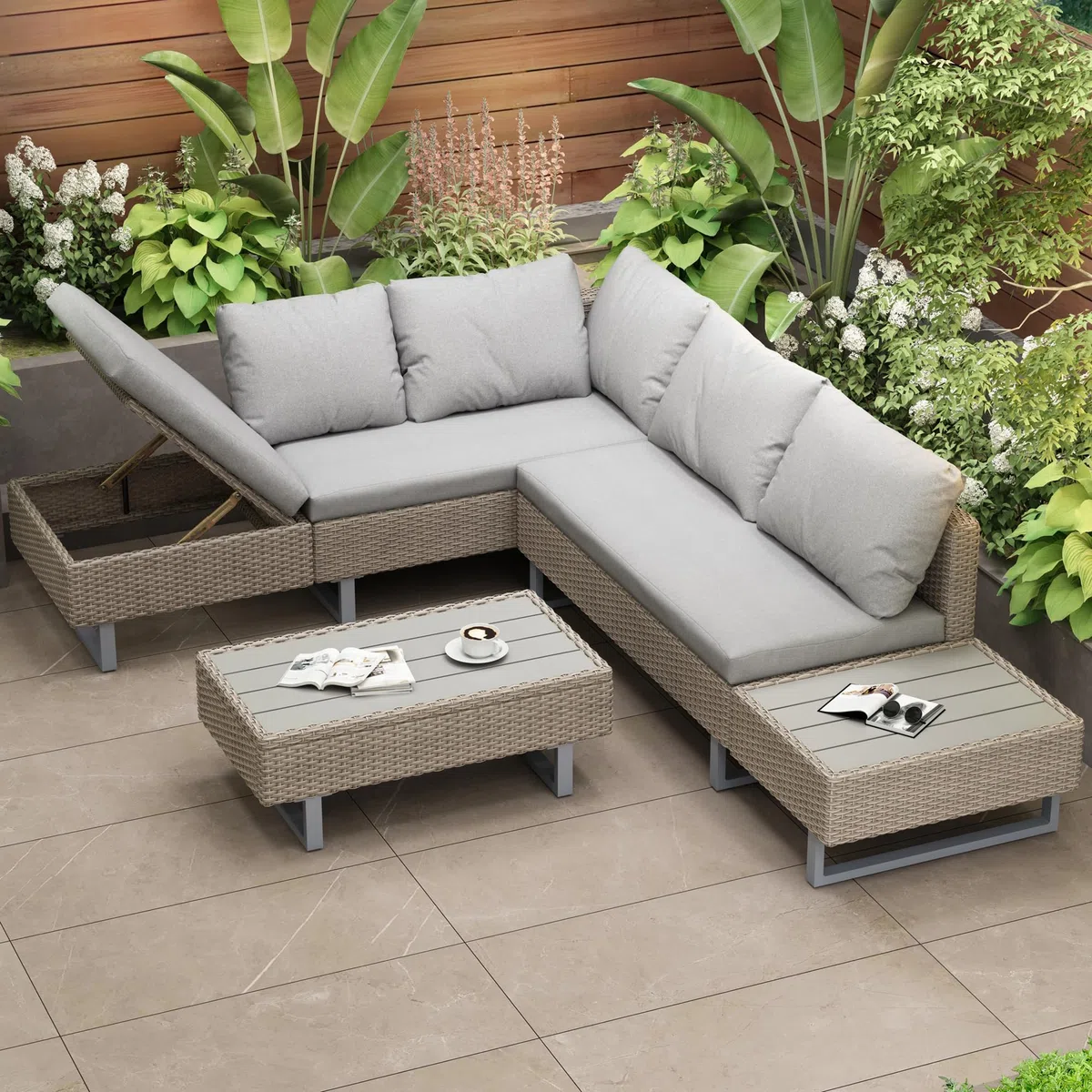 Rtopsu Set di Divani da Giardino in Polyrattan per 5 Persone, Mobili da Giardino Lounge Balcone Mobili da Patio con Divano Angolare Tavolo in Cuscini per Patio Giardino Balcone, Kaki