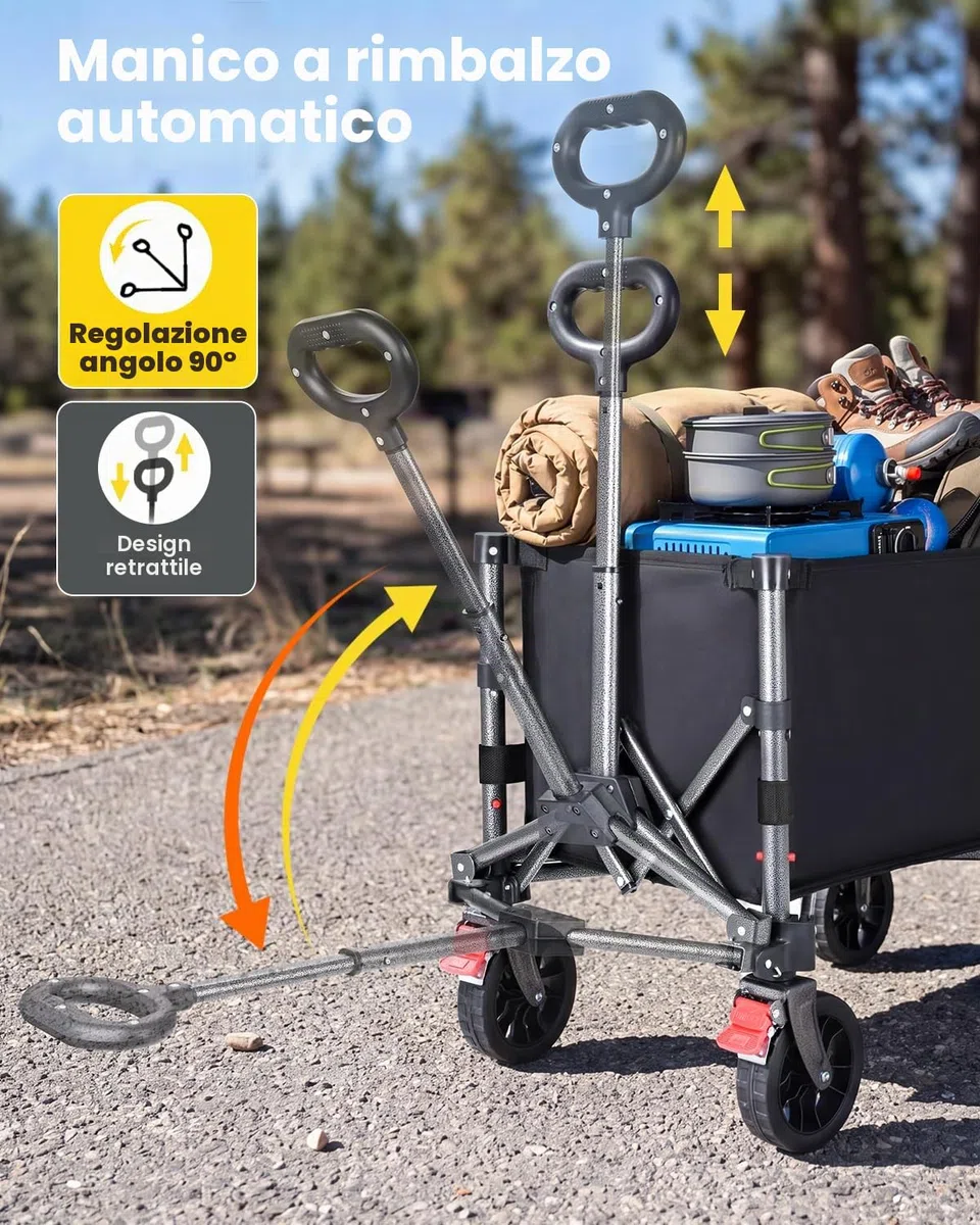 YEAUPE PRO Carrello con Ruote Portatile – 70L, 50kg carico max. – Pieghevole, con zip laterale, rete e manico telescopico – Ideale per campeggio, ufficio e casa – Nero Carbone