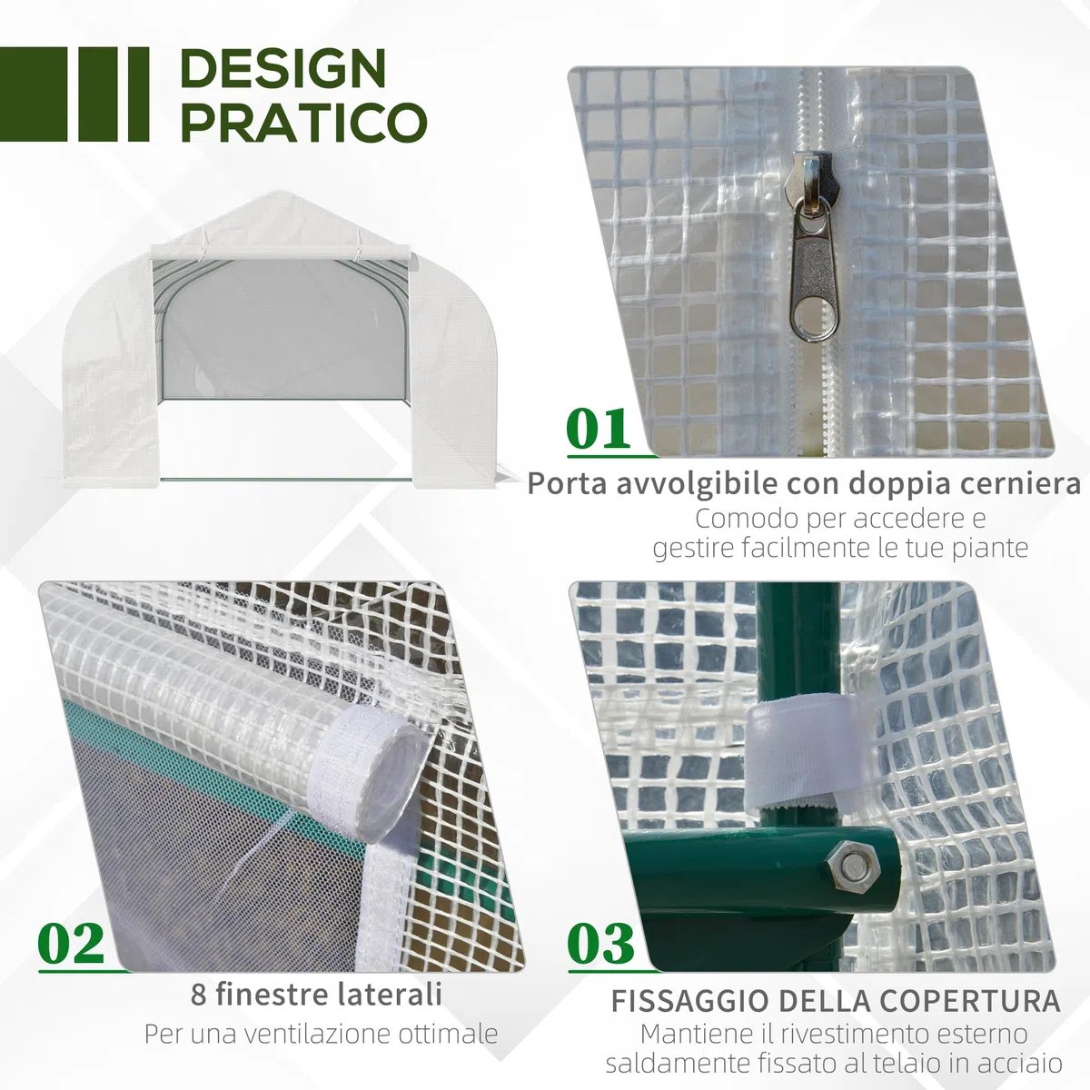 Outsunny Serra a Tunnel 6x3x2m con 8 Finestre e Porta Avvolgibile, Serra per Orto con 4 Picchetti e 4 Funi Incluse, in Acciaio e PP, Bianco