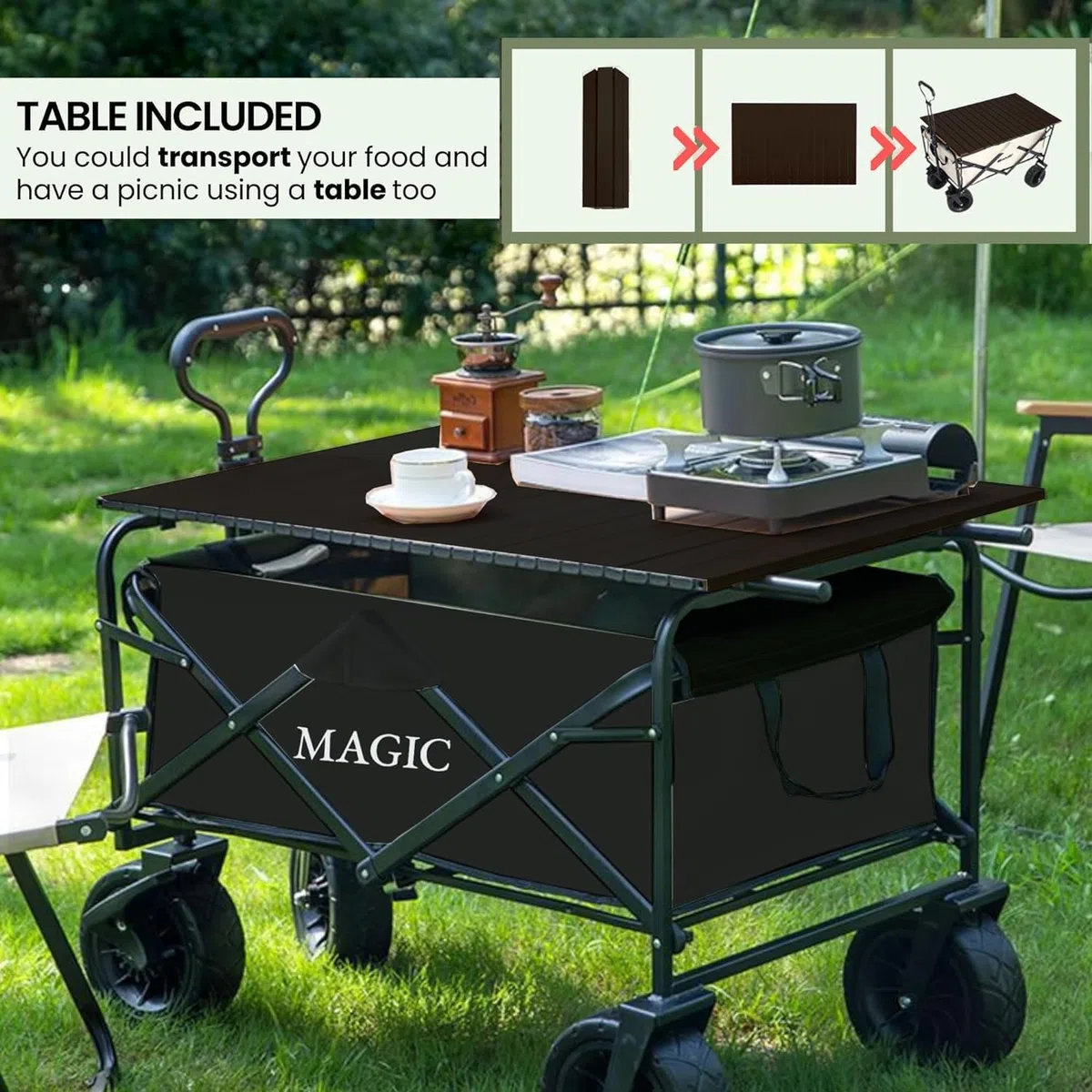 Carrello Pieghevole da Spiaggia per Campeggio, Picnic e Giardino - Trasformabile in Tavolo con Borsa e Maniglia Regolabile - Freni Inclusi