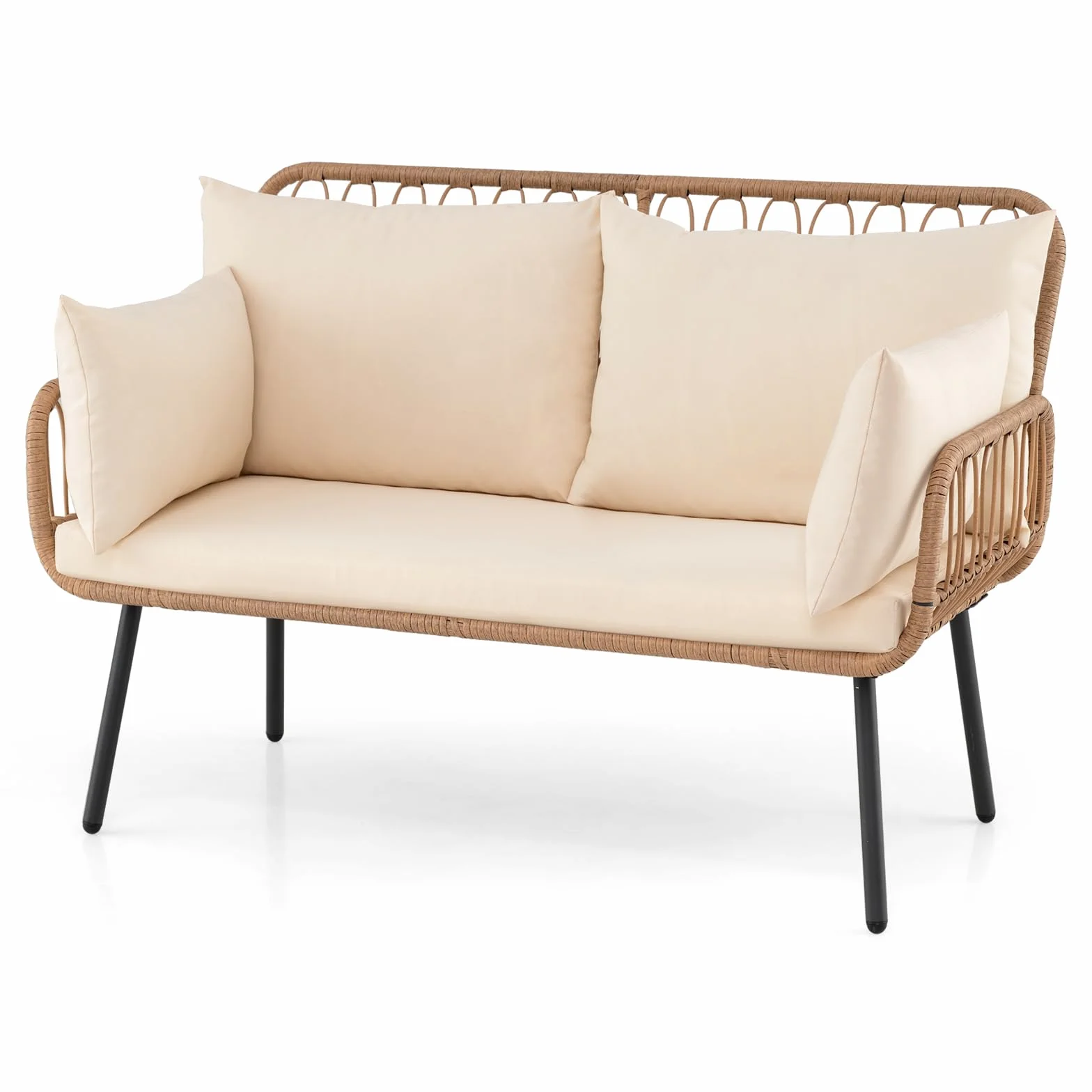 SOARS Divano Esterno a 2 Posti in Rattan PE, Divanetto da Giardino con Cuscini, Struttura Metallica, Piedini Regolabili, Salotto Ergonomico per Terrazzo e Patio, Portata 300 KG, 118 X 62 X 81 CM