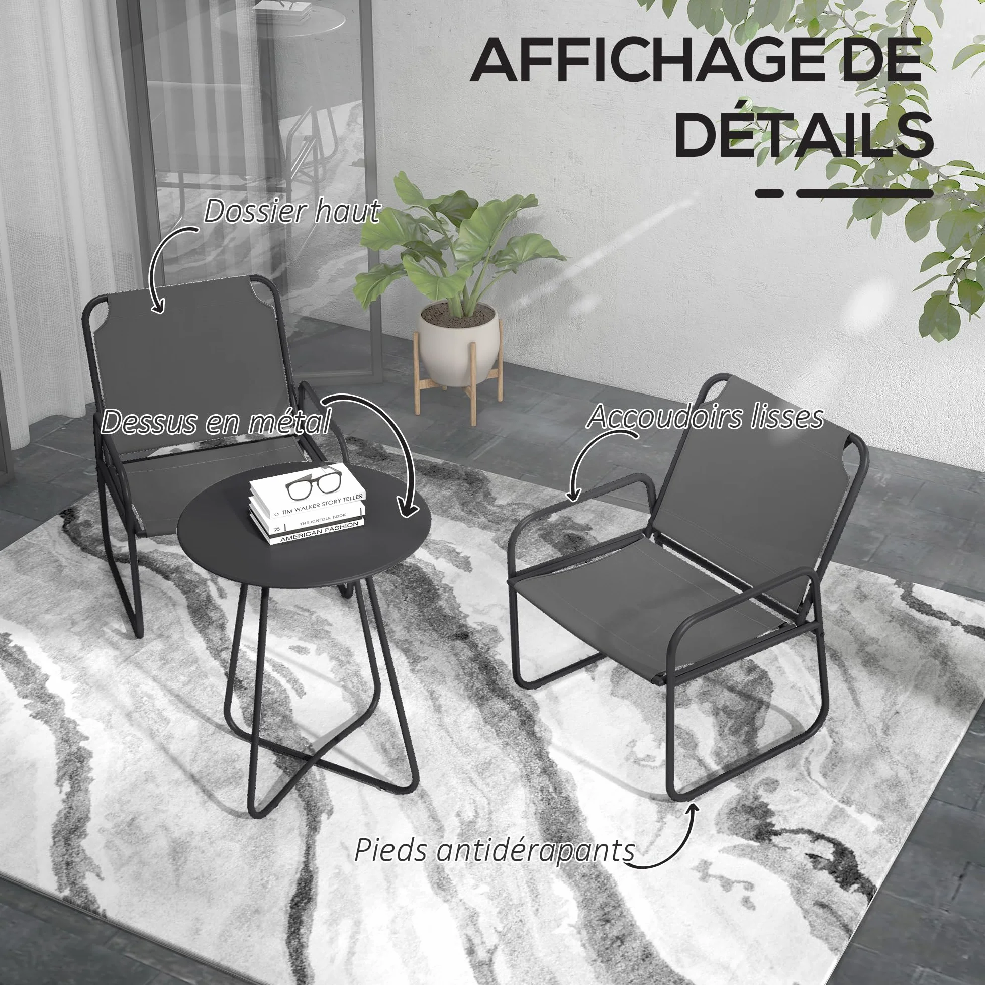 Outsunny Set da giardino 3 pezzi, salotto da giardino, 2 poltrone, 1 tavolo rotondo, acciaio e tessuto traspirante, grigio