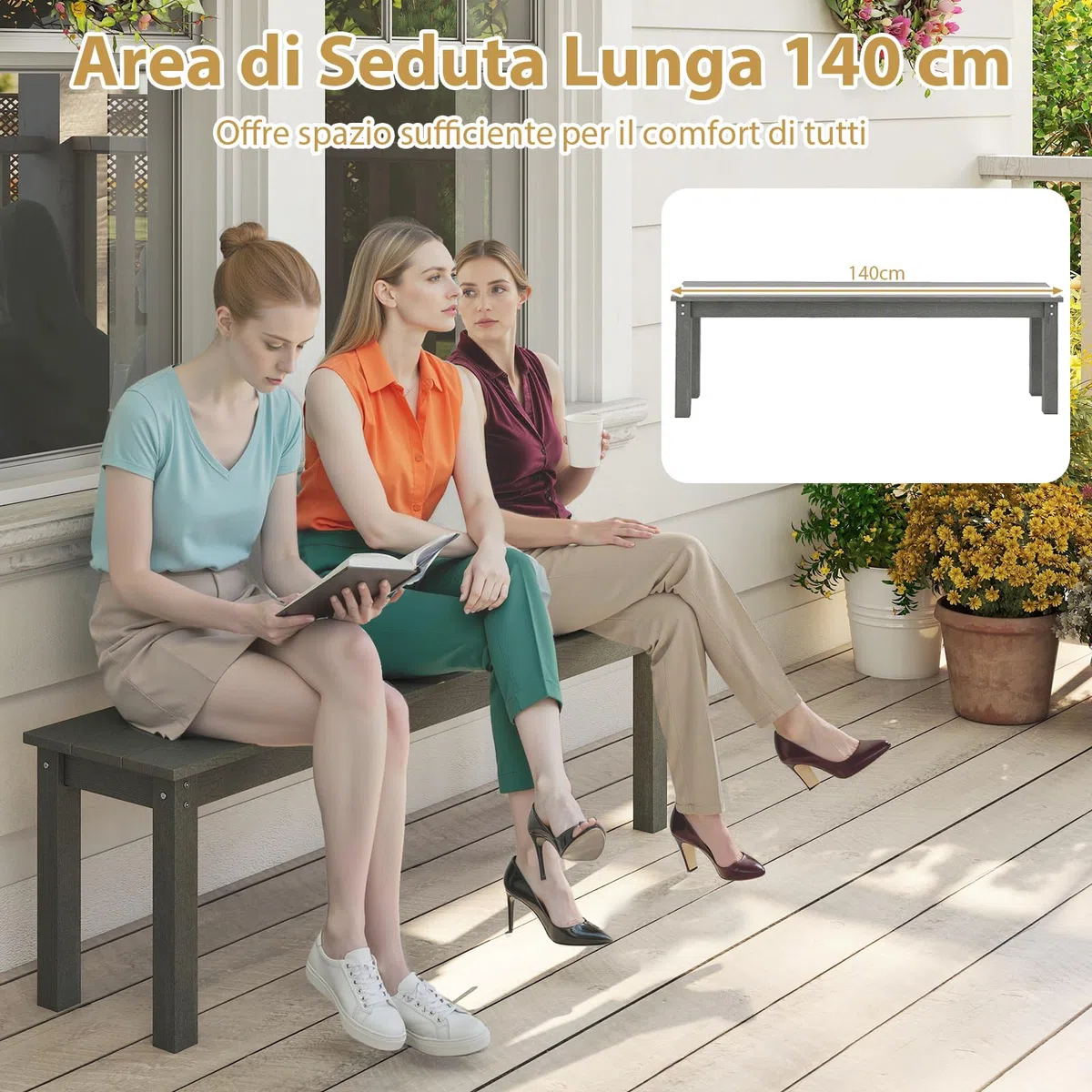 COSTWAY Panchina da Esterno in HDPE 140 x 35 x 45 cm, Panca da Giardino Senza Schienale per 2-3 Persone, Panchina dello Spogliatoio per Patio e Cortile, Portata 340 kg (Grigio)