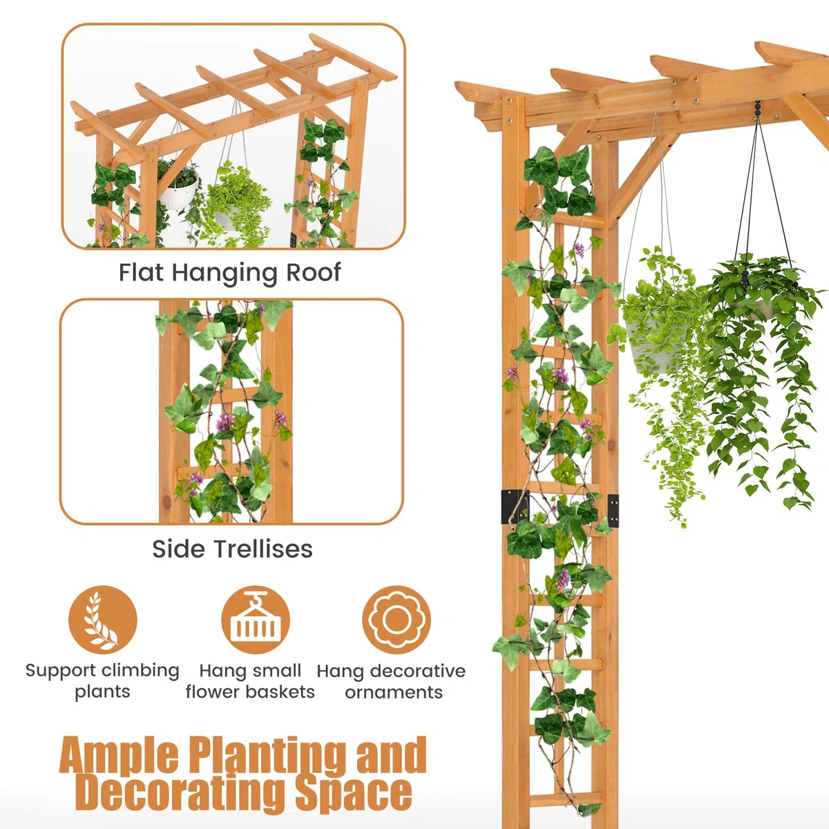 HOMASIS Arco da Giardino in Legno, Arco per Rampicanti con Tettoia e Traliccio, Pergolato da Esterno per Rose, Glicine, Palloncini, Decorazione da Giardino per Festa e Matrimonio (Tetto Piatto)