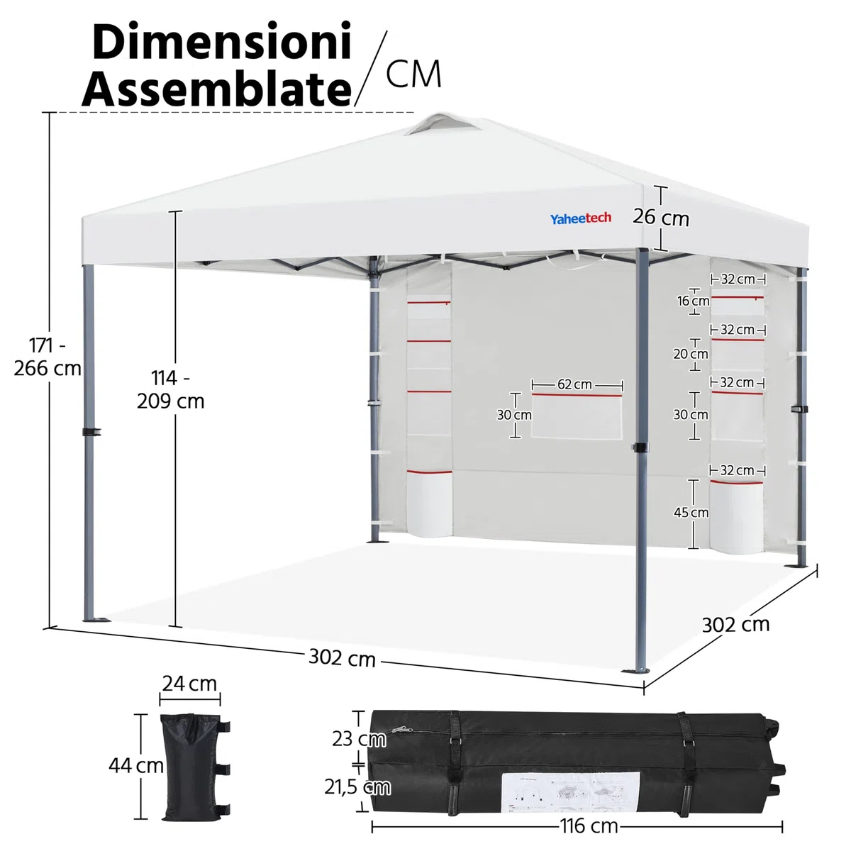 Yaheetech Gazebo da giardino a Una Spinta con 1 Parete Laterale Stabile 9 Tasche Portaoggetti Tenda Esterno Pop up Altezza Regolabile Impermeabile per Festa Eventi