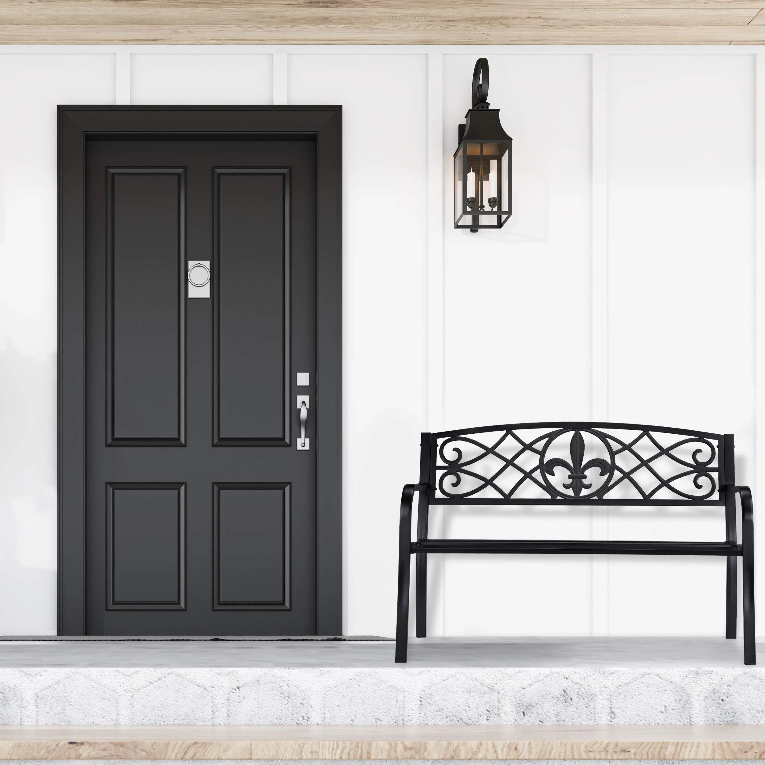 Relaxdays Panca da Giardino, con Giglio Decorativo, a 2 Posti, Acciaio, Arredamento Outdoor, 86 x 127 x 60 cm, Nero