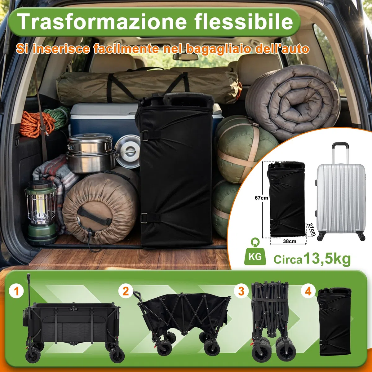 Devoko 260L carrello spiaggia 200kg carrello con ruote portatutto grandi,carrellos pieghevole Con Braccioli Regolabili e Tasche Laterali per Giardino Campeggio all'aperto Ogni Tipo di Terreno, Nero